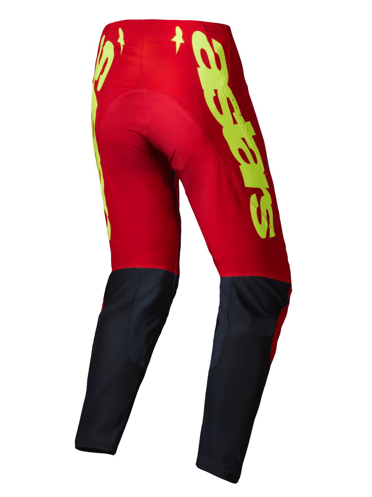 Alpinestars 2025 Supertech Maker Pants, Motocross Pants, Bright Red and Yellow Fluo, rear view showing bold yellow branding on red upper section and black lower leg panels, designed for off-road performance.