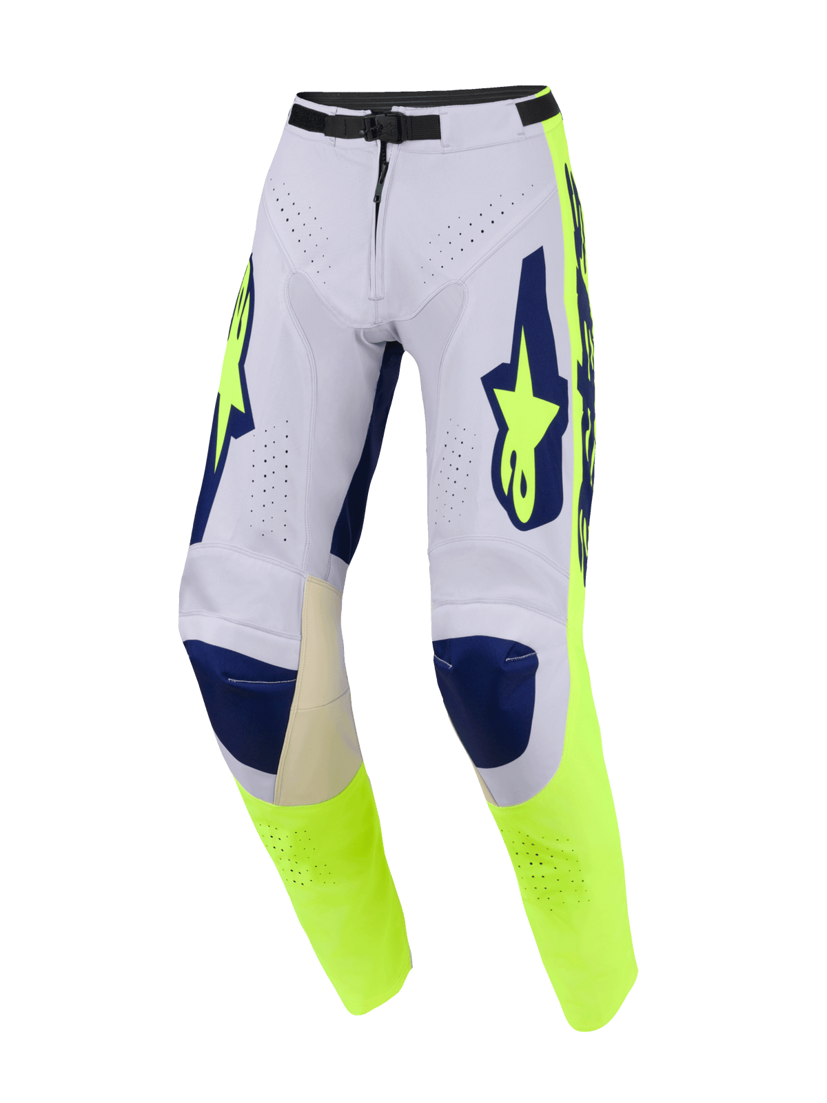 Alpinestars 2026 Racer Air Riway broek, motorcrossbroek, lichtgrijs, geel fluo en blauw, voorzien van uitgebreide perforaties voor luchtstroom, donkerblauwe kniestukken en fluoriserend gele zijpanelen met opvallende merkdetails, performance off-road ontwerp