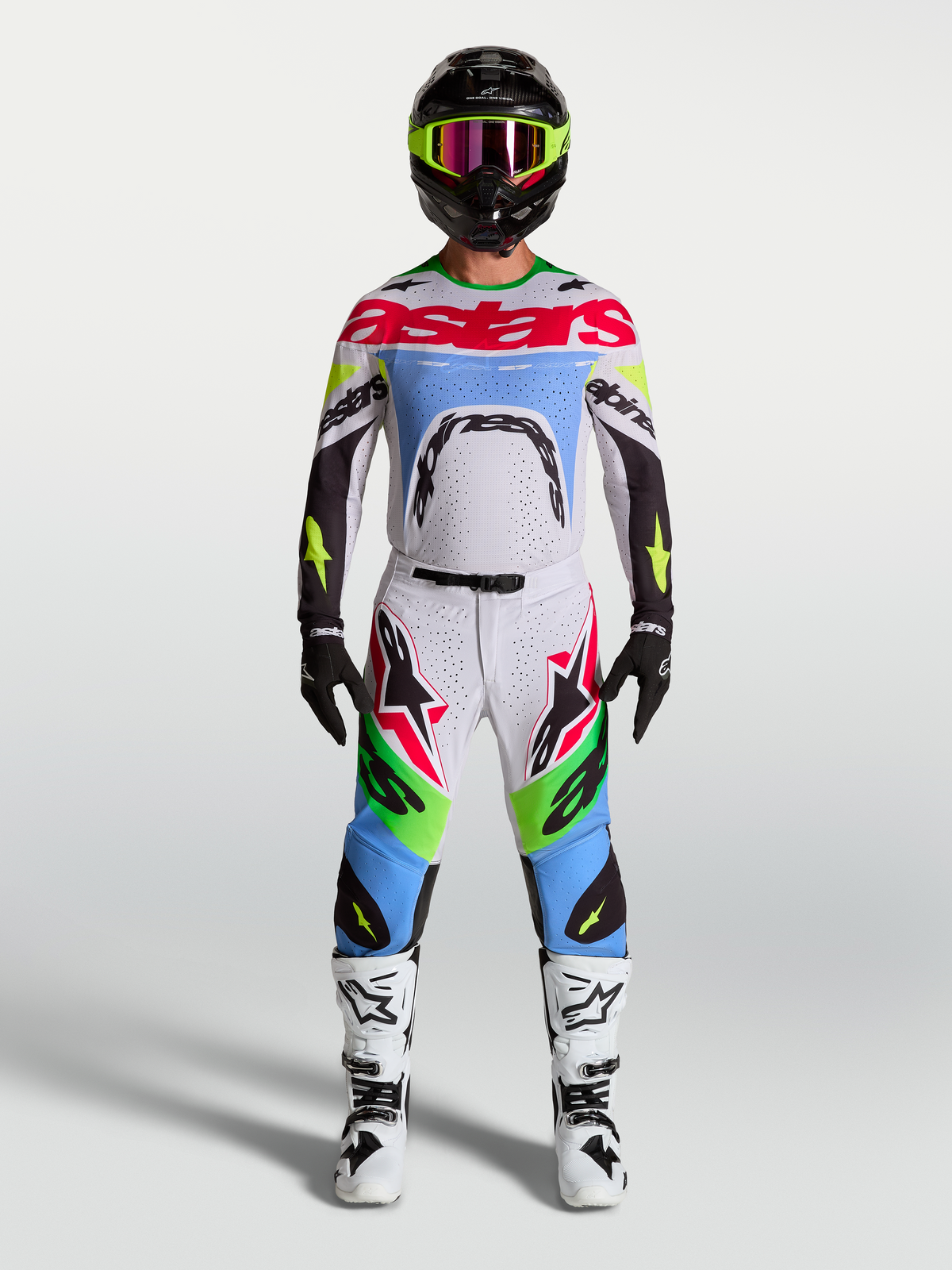 Alpinestars Supertech Dyna, pantalon de motocross pour homme, vert fluo et lilas clair, tissu rip-stop extensible, ensemble de protection complet avec casque et bottes