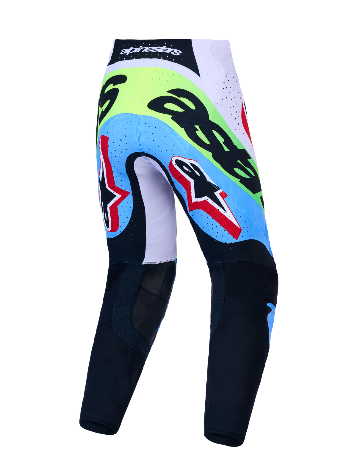 Alpinestars Supertech Dyna, pantalon de motocross homme, vert fluo et noir, vue arrière avec zones respirantes perforées.