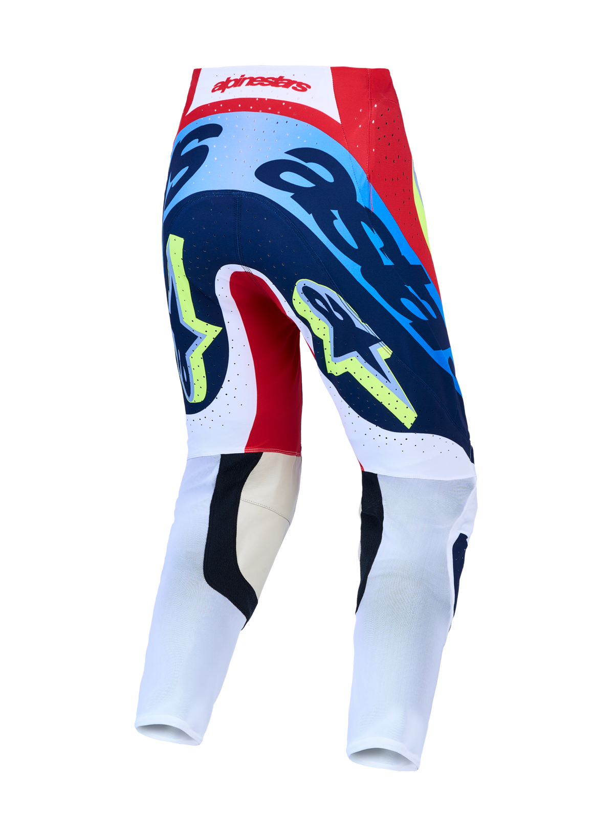 Alpinestars Supertech Dyna motocrossbroek, racing, rood en navyblauw, achteraanzicht met atletische pasvorm.