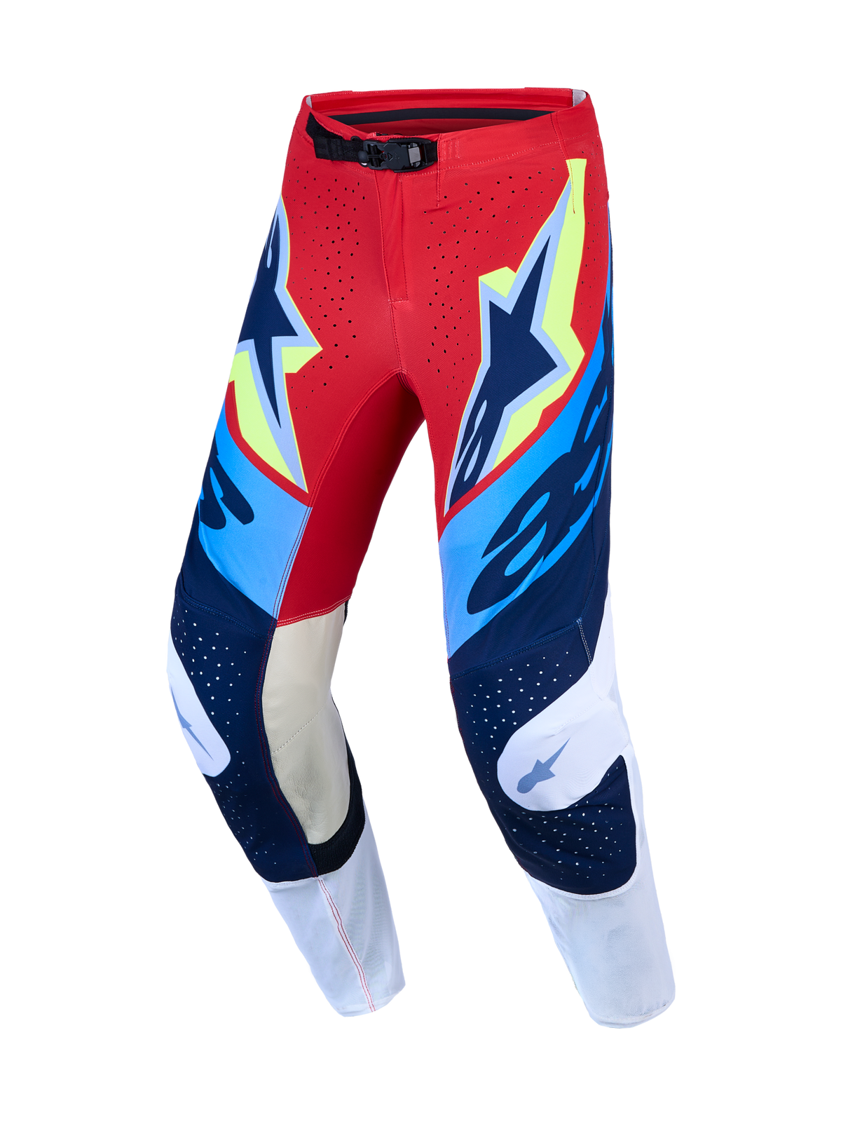 Alpinestars Supertech Dyna heren motorcrossbroek, rood, wit en donkerblauw met geitenleren kniepanelen voor off-road racing.
