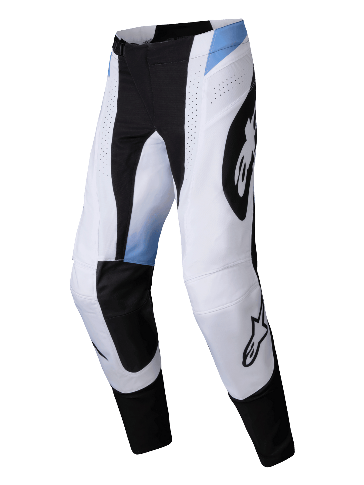 Alpinestars Techstar Melt Pants 2025, pantalon de motocross, blanc et noir avec accents bleu clair, grands logos Alpinestars noirs, perforations laser et coupe athlétique durable pour le tout-terrain