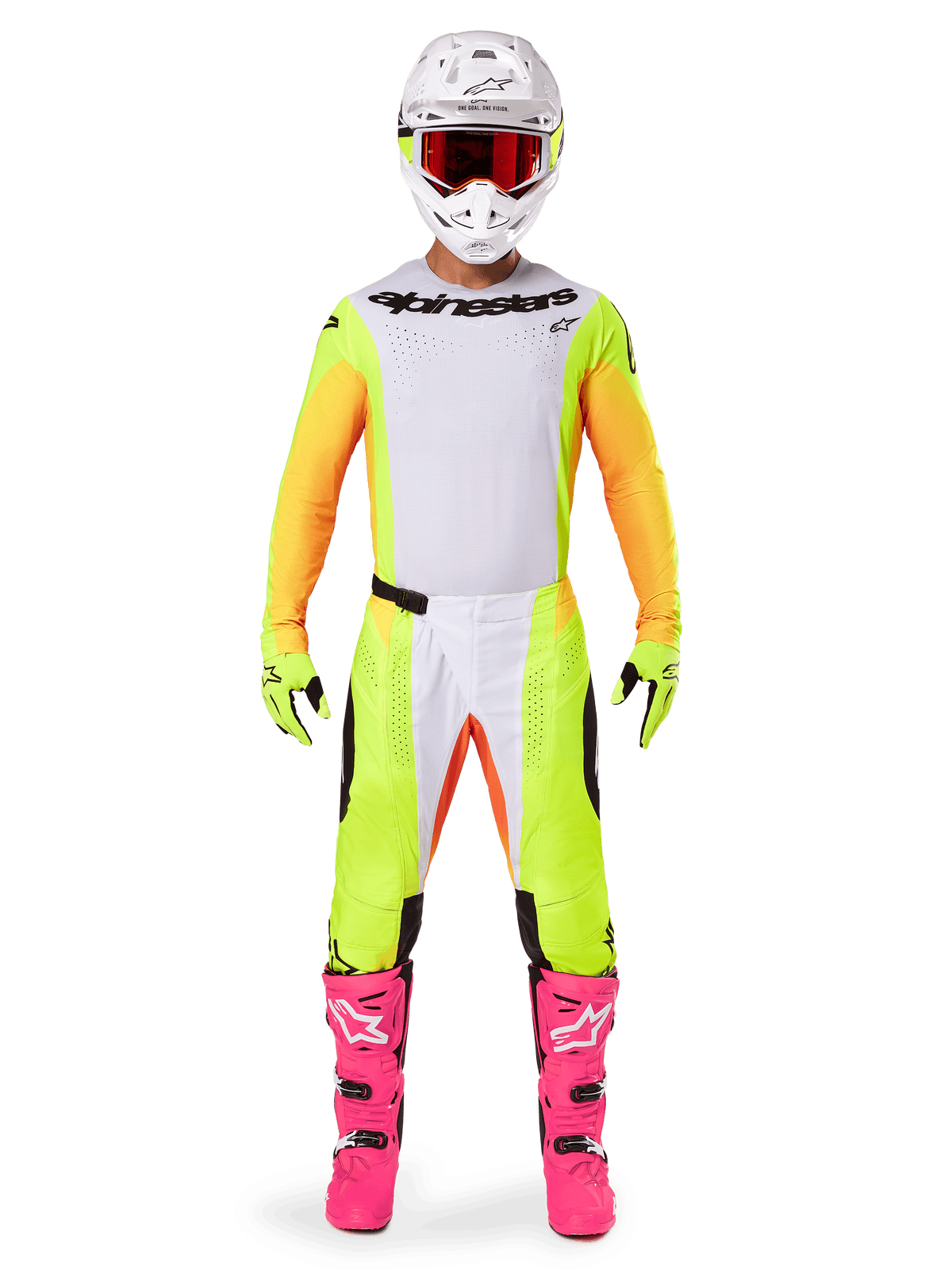 Motocross-Fahrer im Alpinestars 2025 Techstar Melt Gear Set, weißes Trikot mit gelben und orangefarbenen Ärmeln, neongelbe Hose mit weißen und orangefarbenen Akzenten, weißer Helm mit roter Brille, leuchtend pinke Stiefel und neongelbe Handschuhe, komplette Rennausrüstung für den Offroad-Wettbewerb