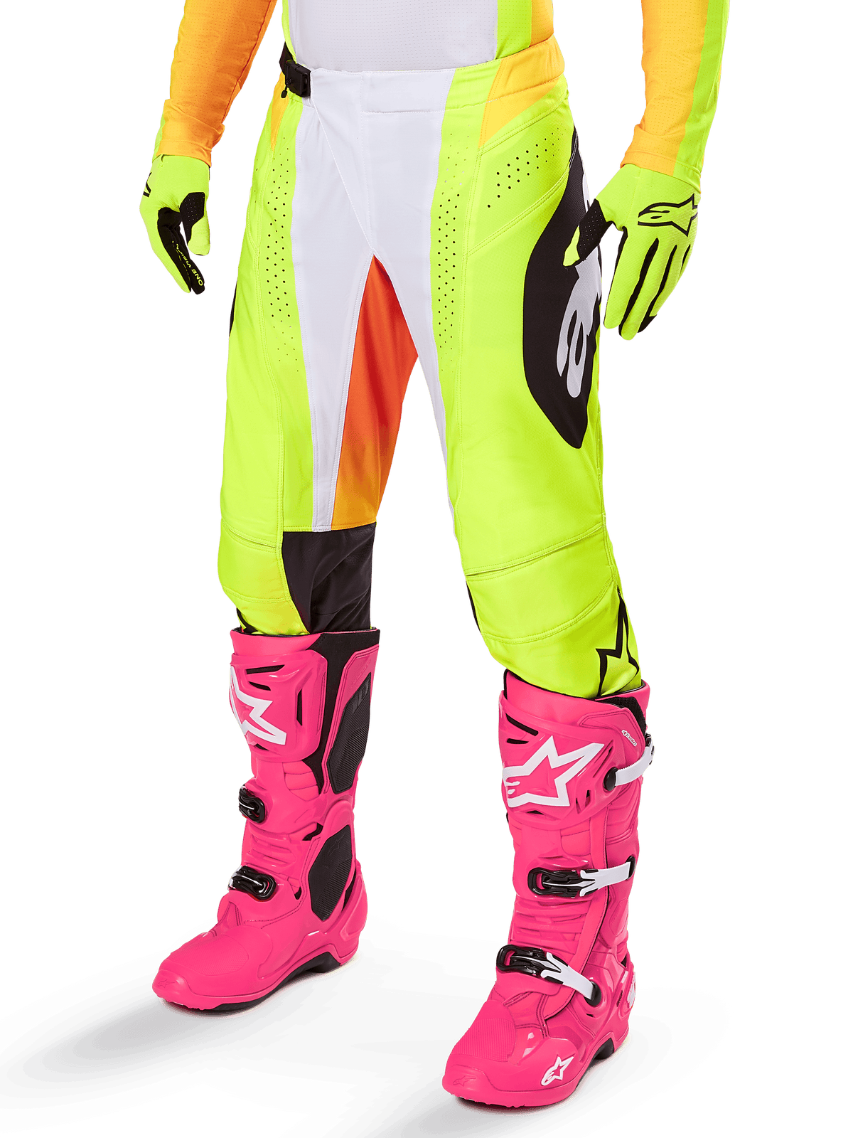 Alpinestars 2025 Techstar Melt Hose, Motocross-Hose, Neongelb mit weißen und orangen Akzenten, schwarze Muster an den Seiten, getragen mit leuchtend rosa Motocross-Stiefeln und neongelben Handschuhen, perforierte Belüftung, strapazierfähige Offroad-Rennausrüstung