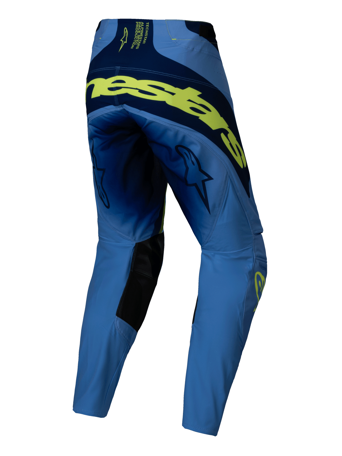 Alpinestars 2025 Techstar Melt crossbroek, motorcrossbroek, geel fluo blauw, achteraanzicht met grote fluorescerende gele branding over de achterkant, marineblauwe panelen, sterlogo's op de dijen en zwarte knieversterkingen aan de binnenzijde