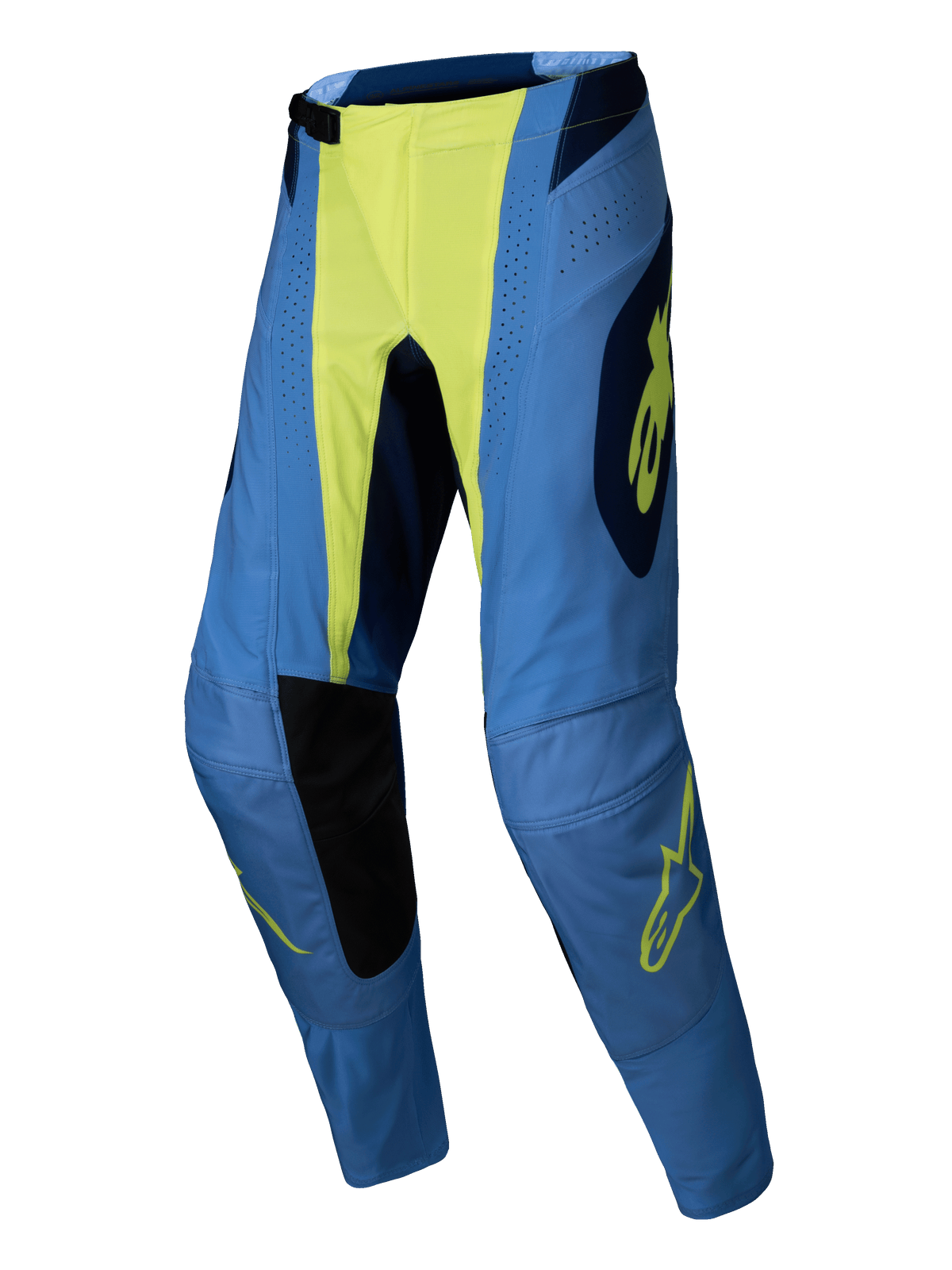 Alpinestars 2025 Techstar Melt crossbroek, motorcross broek, blauw met fluogeel middenstuk en logo-details, zwarte binnenkniepanelen, laserperforaties, atletische racepasvorm voor off-road prestaties