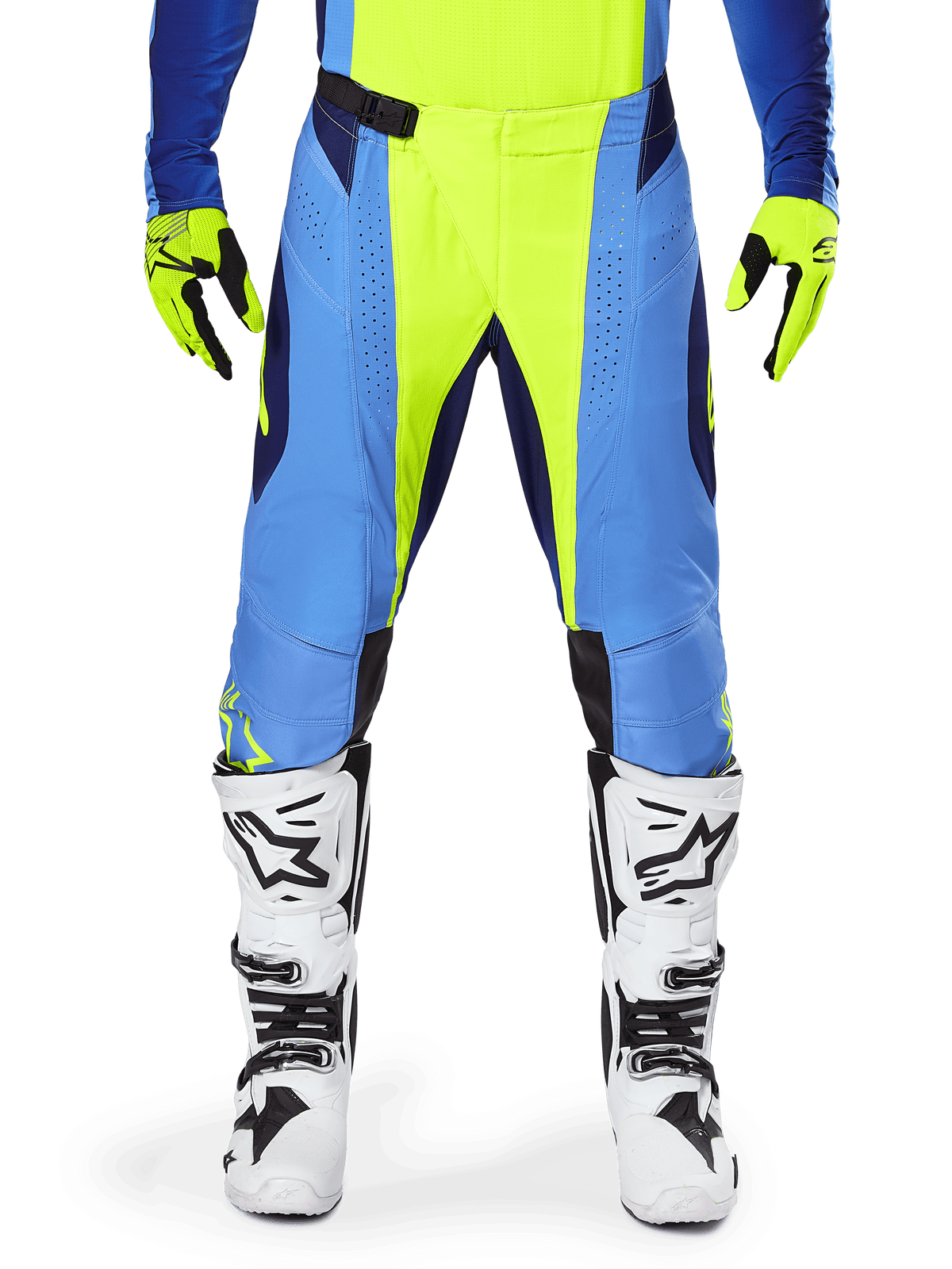 Alpinestars 2025 Techstar Melt Hose, Motocross-Hose, Fluogelb und Blau, getragen mit passenden Handschuhen und weißen Stiefeln, mit blauen Paneelen und fluogelben Akzenten, leistungsorientiertes Design für den Offroad-Rennsport