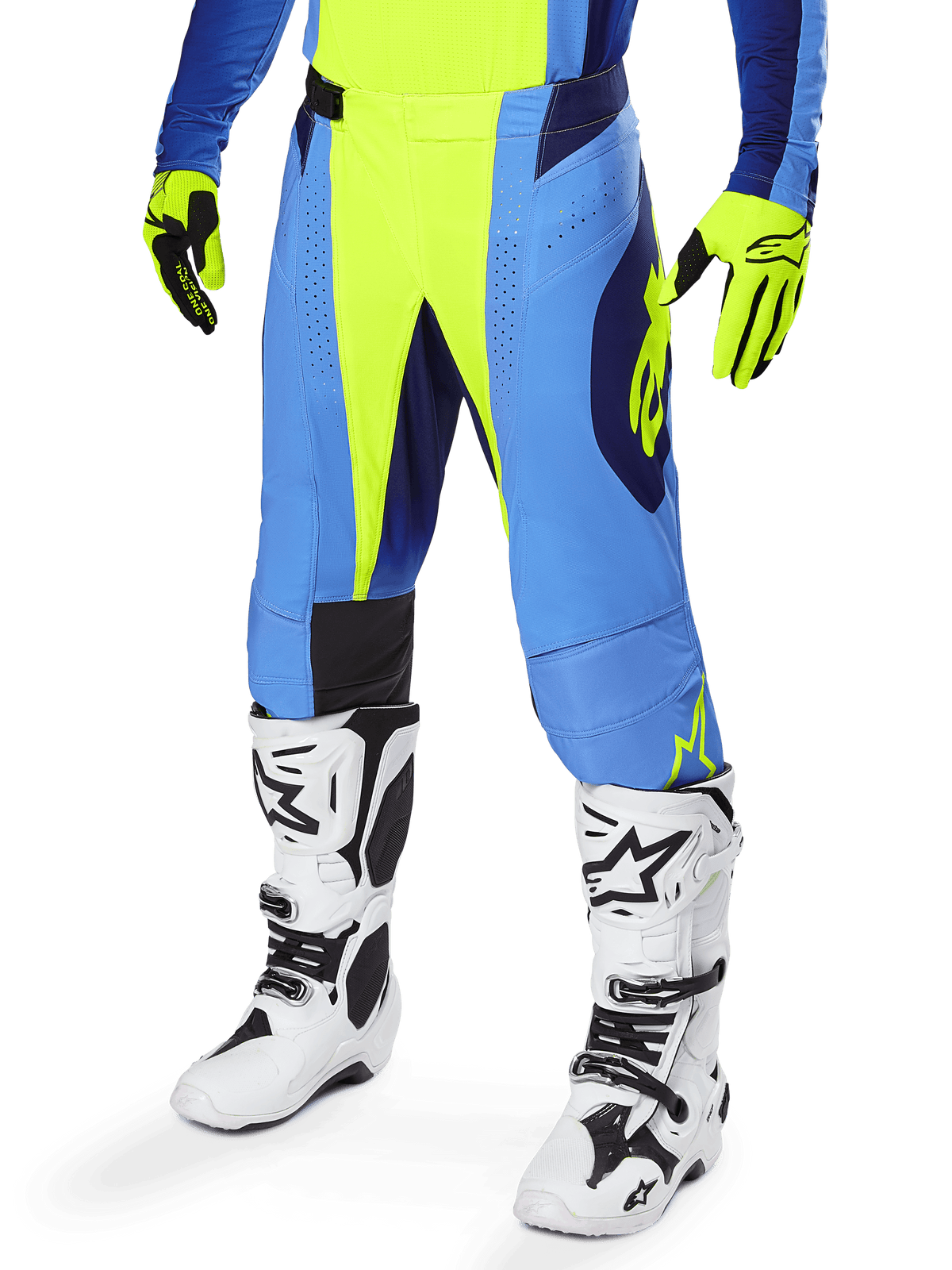 Alpinestars 2025 Techstar Melt Hose, Motocross-Hose, Neongelb und Blau, mit perforierter Belüftung und schwarzen Akzenten, getragen mit passenden neongelben Handschuhen und weißen Rennstiefeln