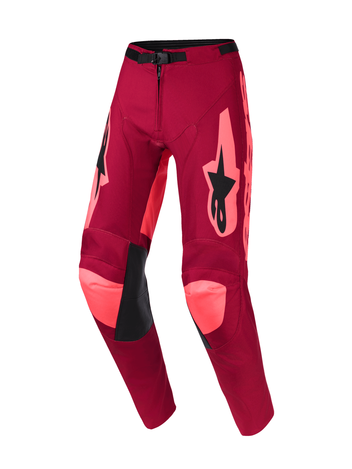 Alpinestars 2026 Racer Riway Hose, Motocross-Hose, Dark Red Coral, mit leuchtenden korallenfarbenen Akzenten an den Knien und Seiten, schwarzem Alpinestars-Logo auf den Oberschenkeln, schwarzen Leder-Innenknie-Einsätzen und verstellbarer Taillenschnalle, strapazierfähiges Offroad-Renndesign