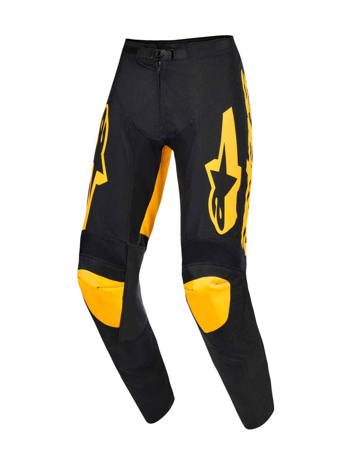 Alpinestars 2026 Racer Riway Pants, pantalon de motocross, jaune et noir, avec des logos jaunes sur les cuisses et des panneaux aux genoux jaunes, conception ergonomique préformée, construction en poly-tissu durable pour la course tout-terrain professionnelle