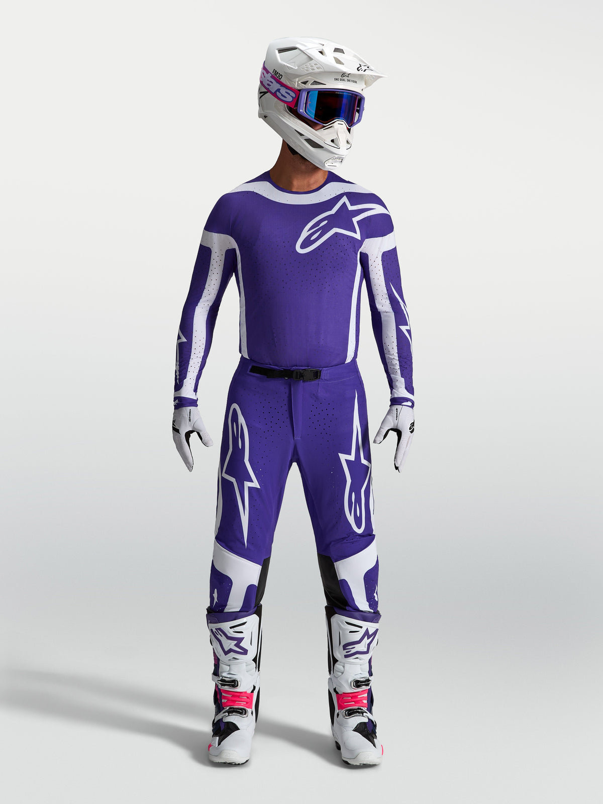 Pantalons Alpinestars Supertech Vesta, motocross pour homme, bleu foncé et blanc, coupe athlétique et tissu rip-stop.