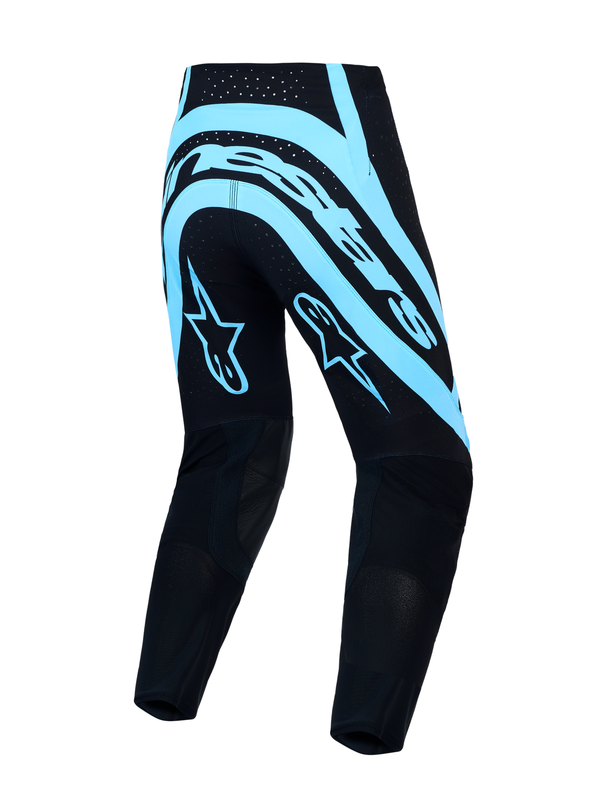 Alpinestars Supertech Vesta, pantalon de motocross noir et bleu turquoise, vue de dos, rip-stop extensible, coupe racing.