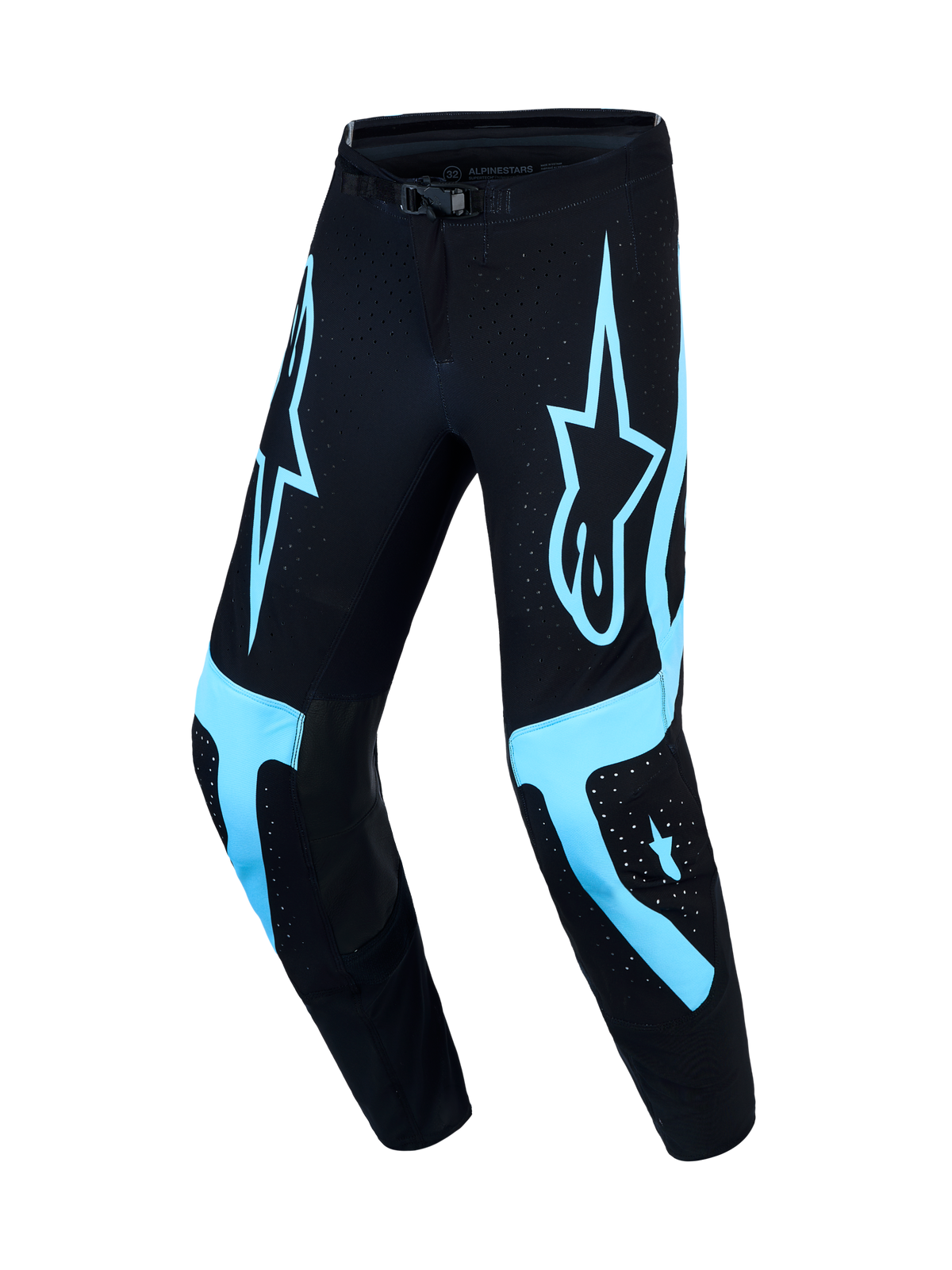 Alpinestars Supertech Vesta, pantalon de motocross pour homme, noir et turquoise, taille 32, coupe racing, rip-stop ventilé.