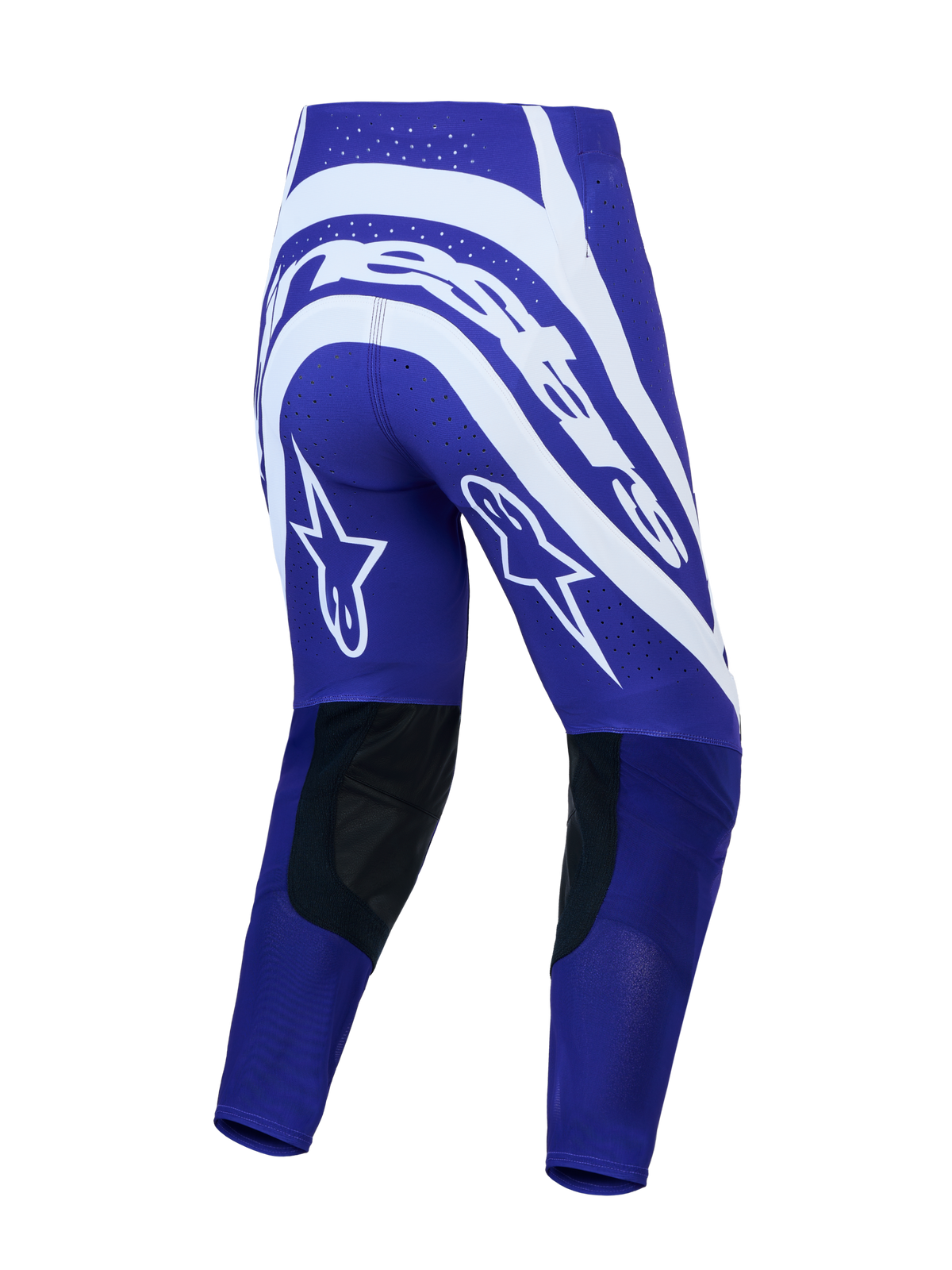 Alpinestars Supertech Vesta, pantalons de motocross pour homme, bleus et blancs, vue de dos, motifs étoilés et inserts en cuir.