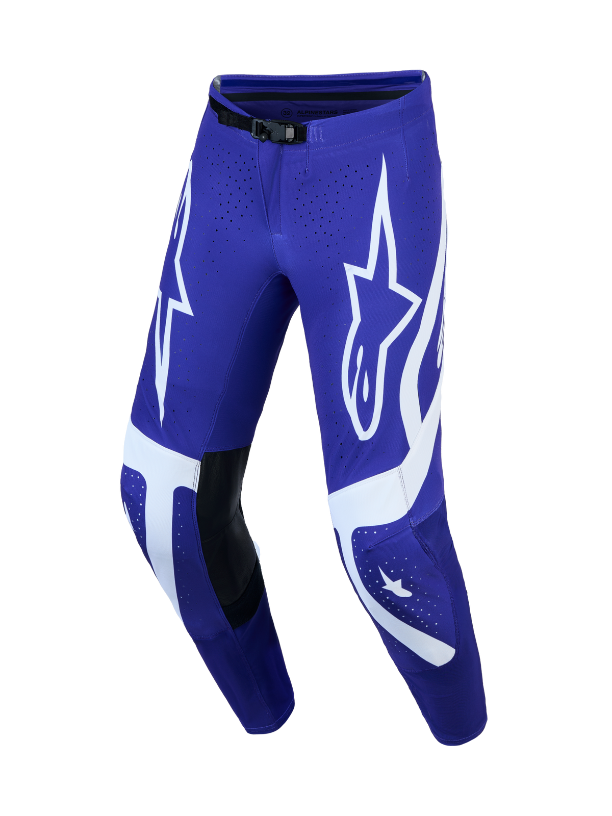 Alpinestars Supertech Vesta, pantalon de motocross homme, bleu foncé et blanc, empiècements cuir et graphismes étoiles