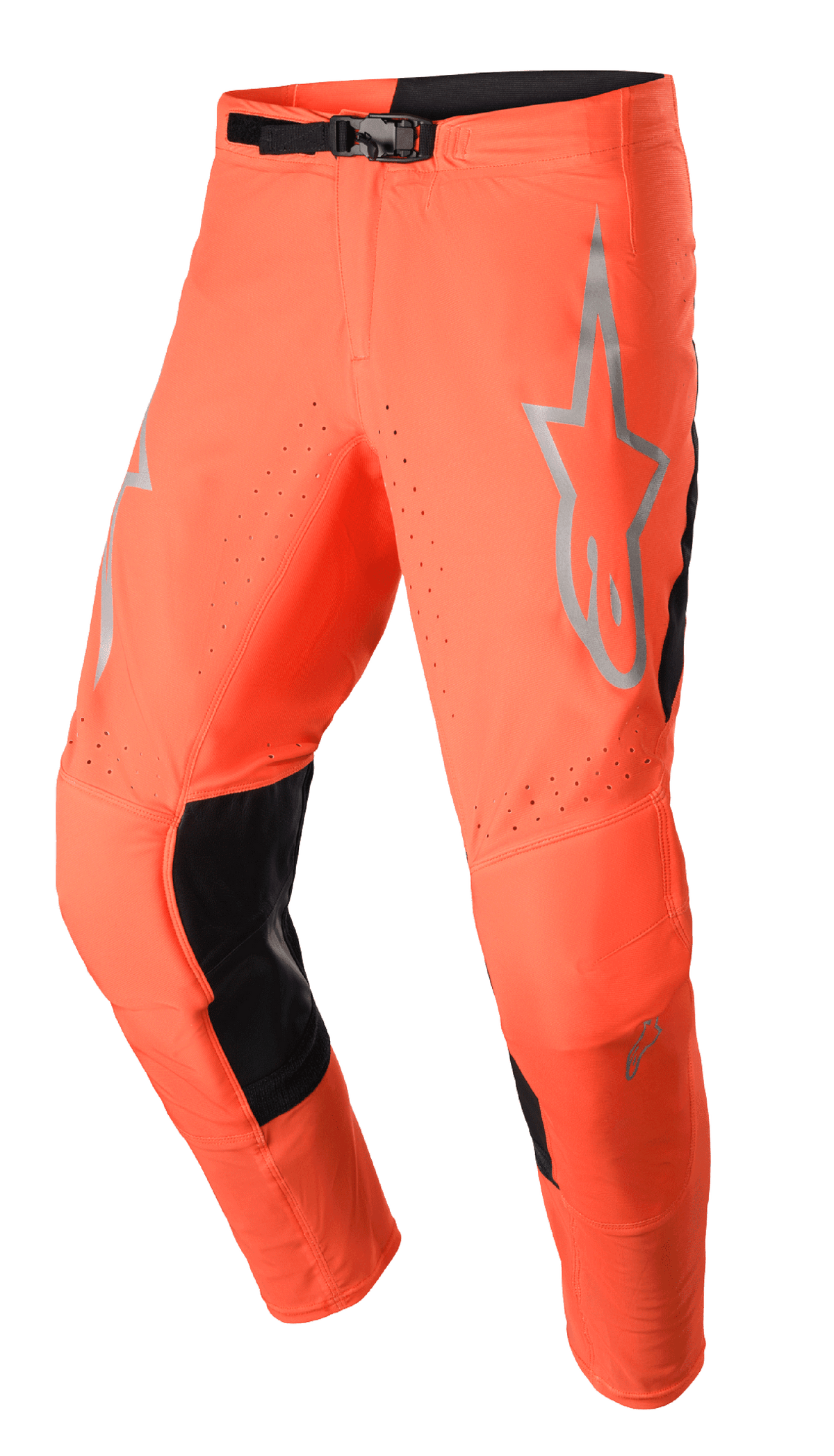 Alpinestars 2023 Supertech Risen Pants, Motocross Racing Pants, Hot Orange and Black, featuring a gray star logo on the thigh, adjustable buckle closure, perforated ventilation zones, and reinforced black inner leg panels.