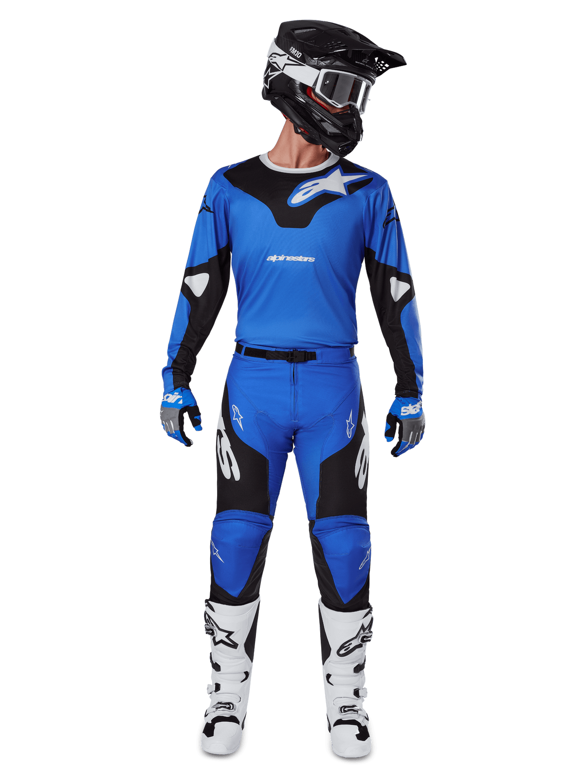 Alpinestars 2025 Racer Veil Pants, Motocross Pants, Blue and Black, worn as a complete racing outfit with a matching blue and black jersey, black and white helmet, blue gloves, and white boots, featuring bold logos and an ergonomic design for off-road riding.