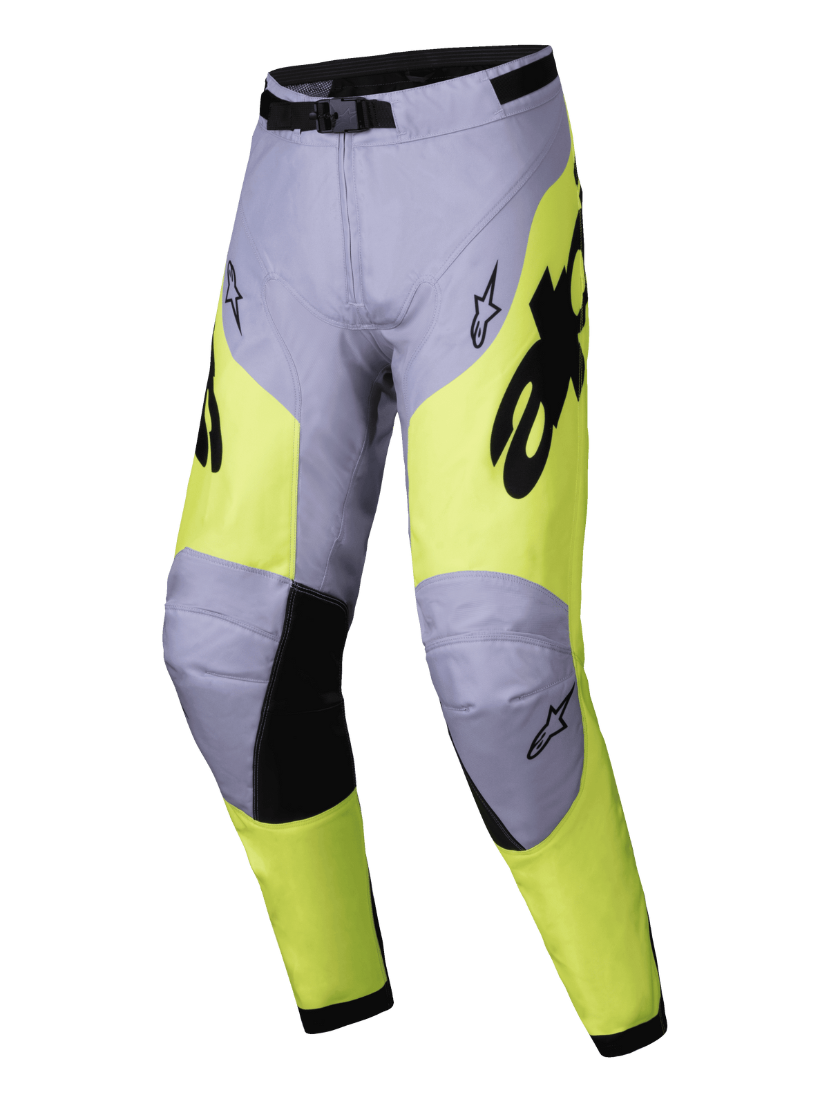 Alpinestars 2025 Racer Veil Pants, Motocross Pants, Gray and Yellow Fluo, Black accents on inner knees and waist buckle, sporty ergonomic design with Alpinestars logos, durable textile for off-road racing