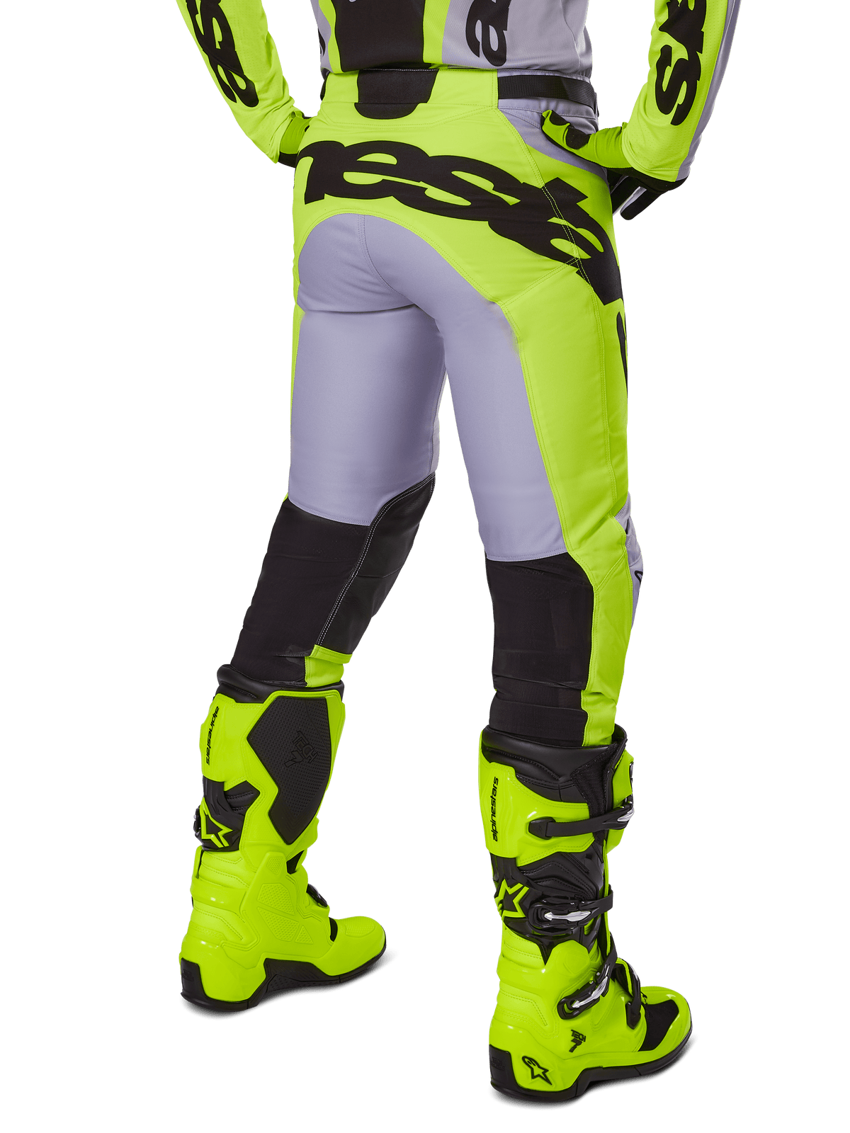 Alpinestars 2025 Racer Veil Pants, Motocross Pants, Gray and Yellow Fluo, rear view showing ergonomic construction with large black branding across the seat, black lower leg panels, and matching bright yellow racing boots.