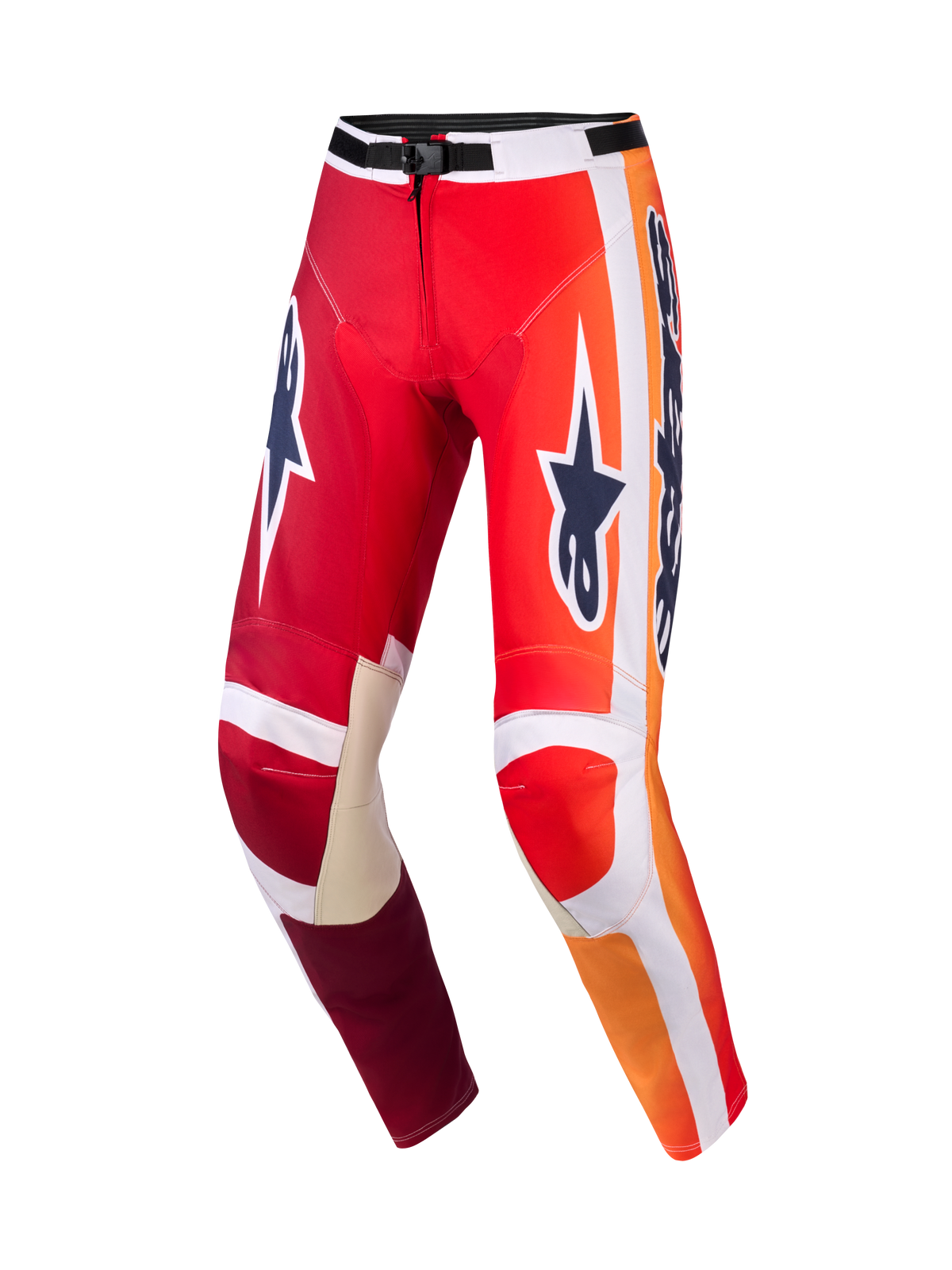 Pantalon Alpinestars Racer Portl 2026, pantalon de motocross, rouge et gris clair avec logos gris foncé, dégradés orange vif et rayures blanches, grand logo Astar sur les cuisses, renforts intérieurs des genoux en cuir gris clair, boucle de taille noire, équipement durable pour la course tout-terrain