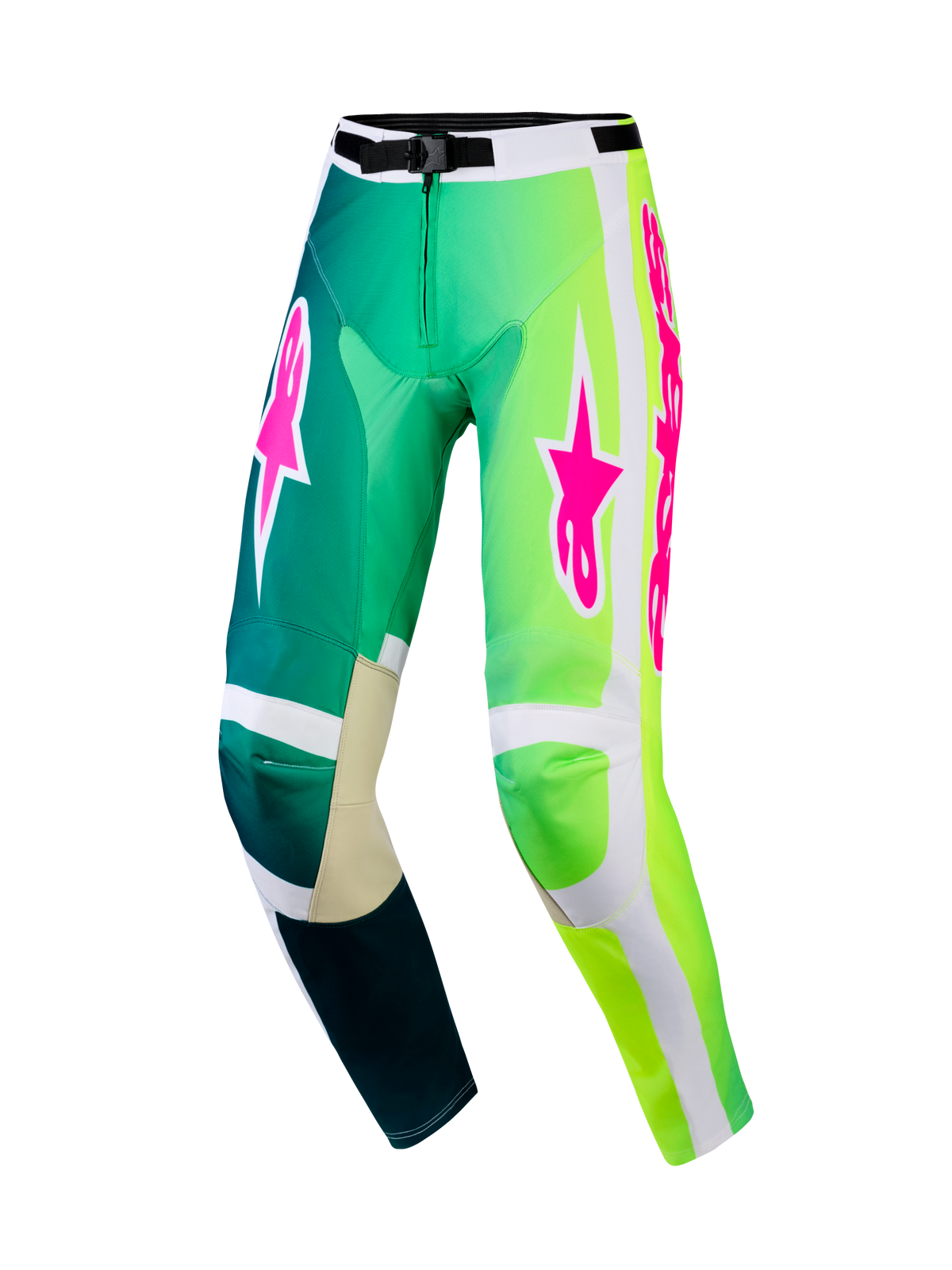 Alpinestars 2026 Racer Portl Pants, pantalon de motocross, vert et blanc avec des logos rose vif, présentant un dégradé du bleu sarcelle au vert fluo, renforts intérieurs aux genoux et boucle de taille sécurisée pour la course tout-terrain