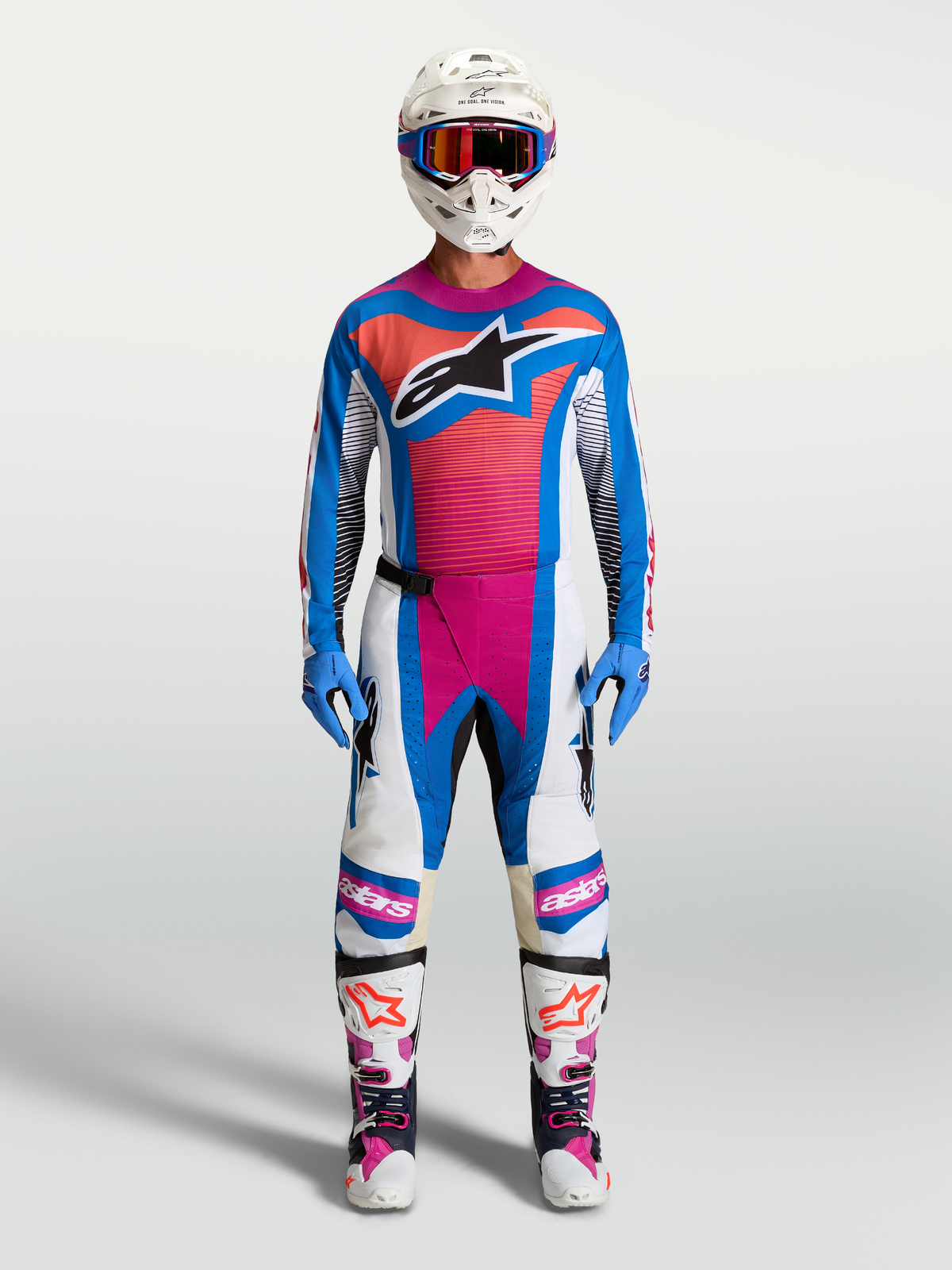 Alpinestars Techstar Maven, kit de motocross pour homme, blanc, bleu et corail, coupe de course légère et performante