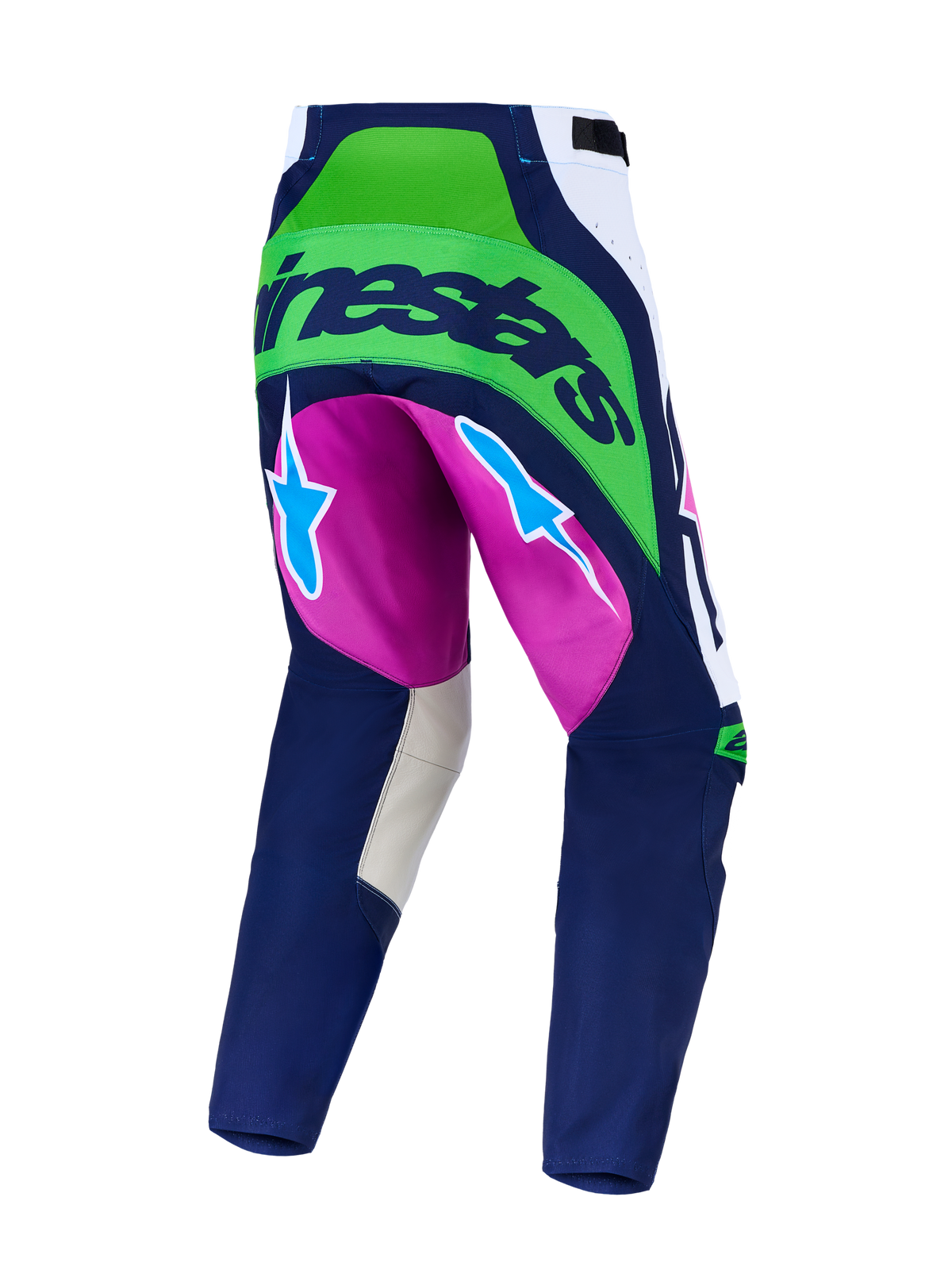 Alpinestars Techstar Maven, pantalon de motocross bleu et vert fluo avec accents violets, zones extensibles, vue arrière