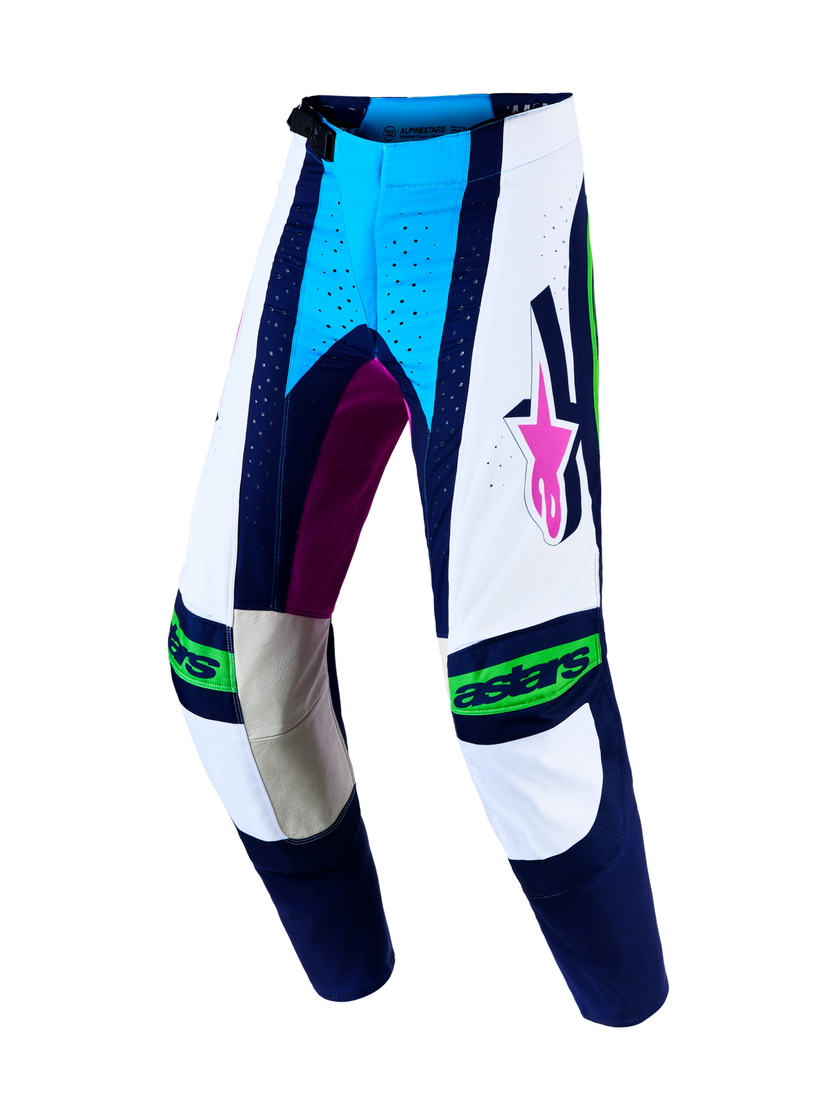 Alpinestars Techstar Maven, pantalon de motocross pour homme, blanc et bleu, panneaux en cuir aux genoux, coupe racing