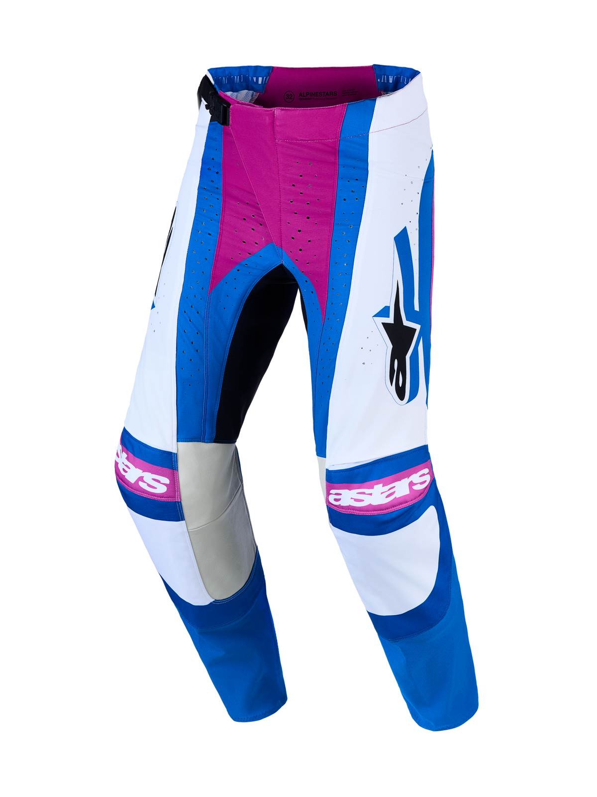 Alpinestars Techstar Maven, pantalon de motocross pour homme, blanc, bleu, rose corail, perforations laser et poly-tissu 600D