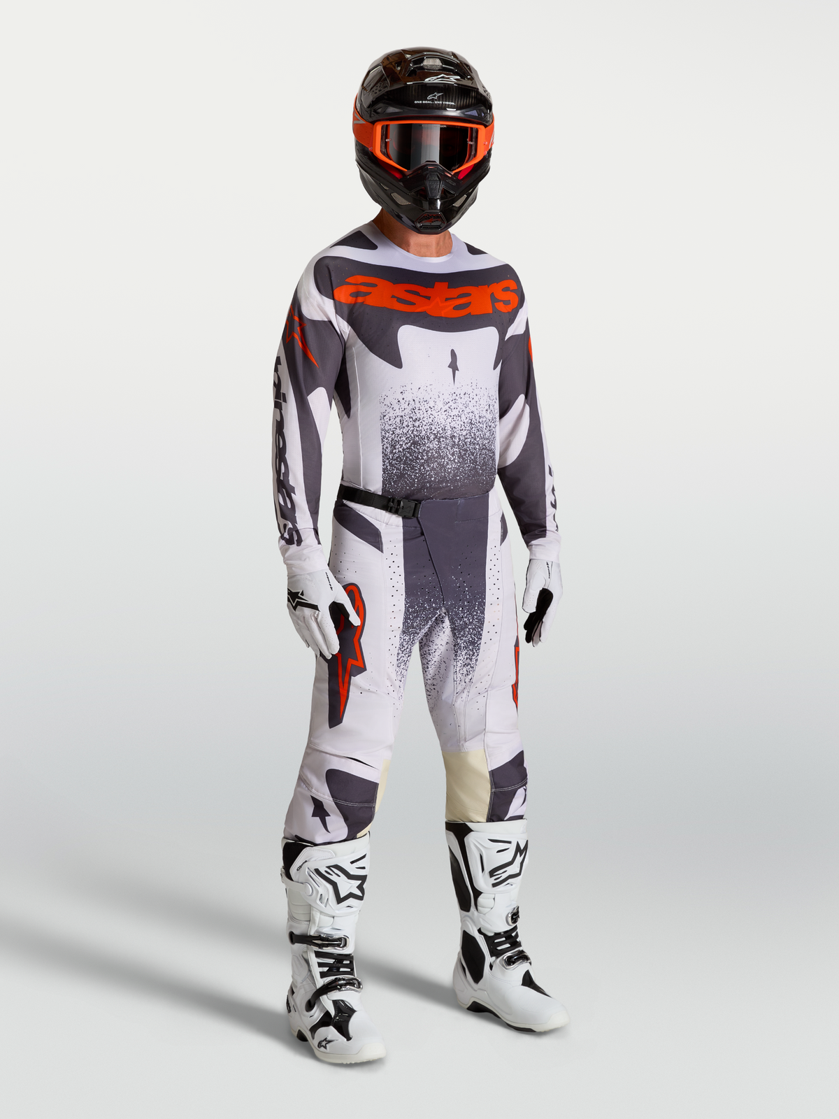 Alpinestars Techstar Swan, ensemble de motocross pour homme avec maillot et pantalon, lilas clair et rouge fluo, tenue tout-terrain avec bottes blanches