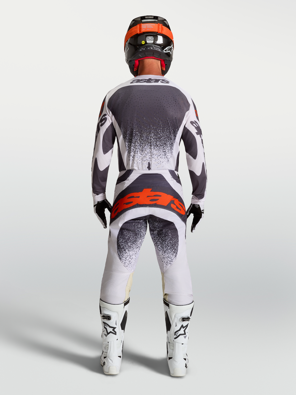 Alpinestars Pantalon Techstar Swan, pantalon de motocross pour homme, gris foncé et lilas avec logo rouge fluo, vue de dos, équipement tout-terrain haute performance