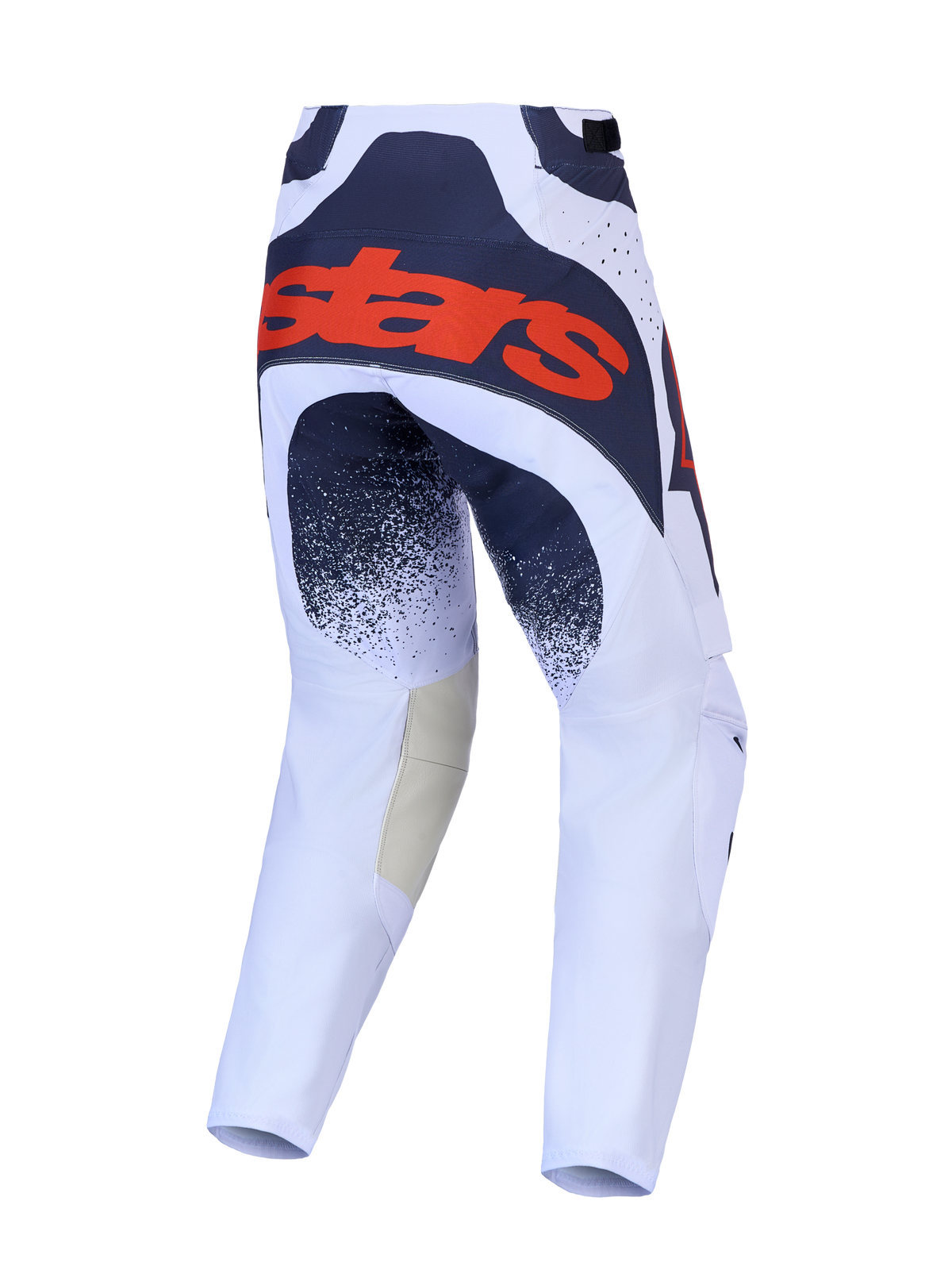 Pantalon Techstar Swan d'Alpinestars, pantalon de motocross lilas clair et gris foncé, vue arrière avec logo rouge fluo.