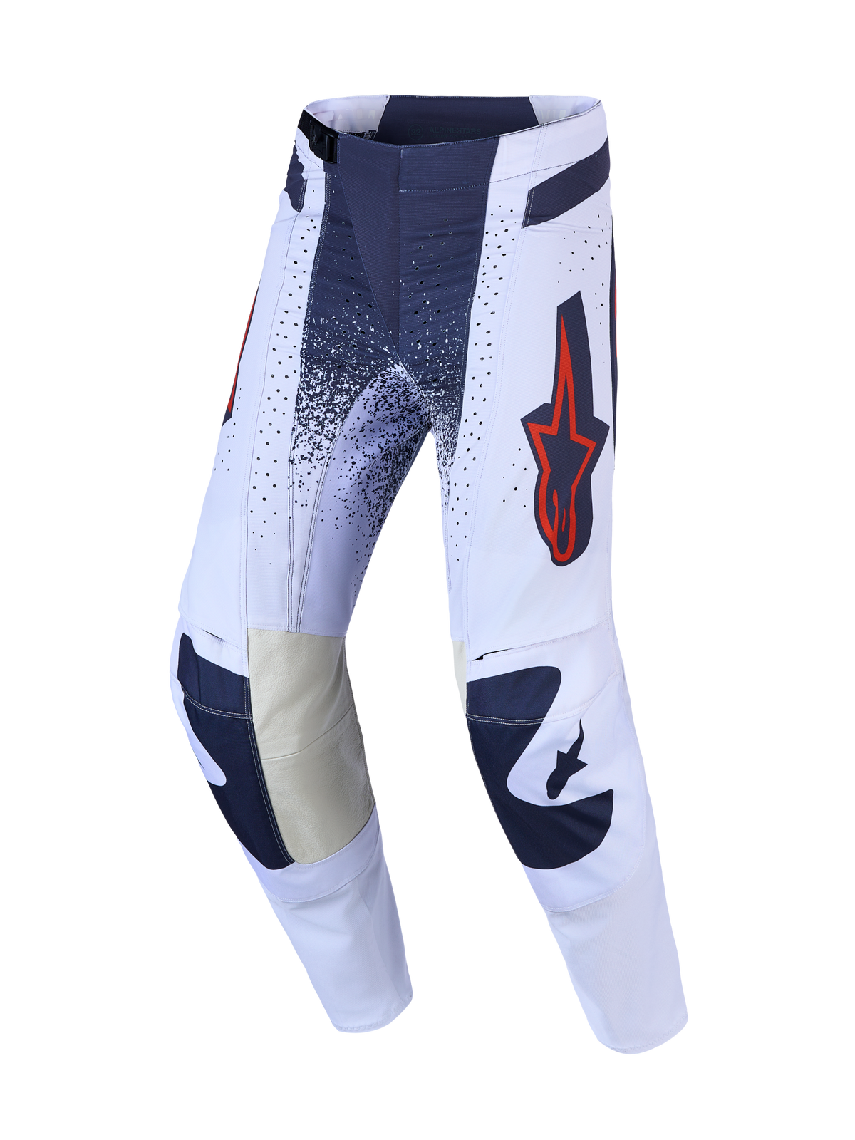 Alpinestars Techstar Swan, pantalon de motocross gris foncé et lilas avec détails rouge fluo, genoux en cuir et perforations laser.