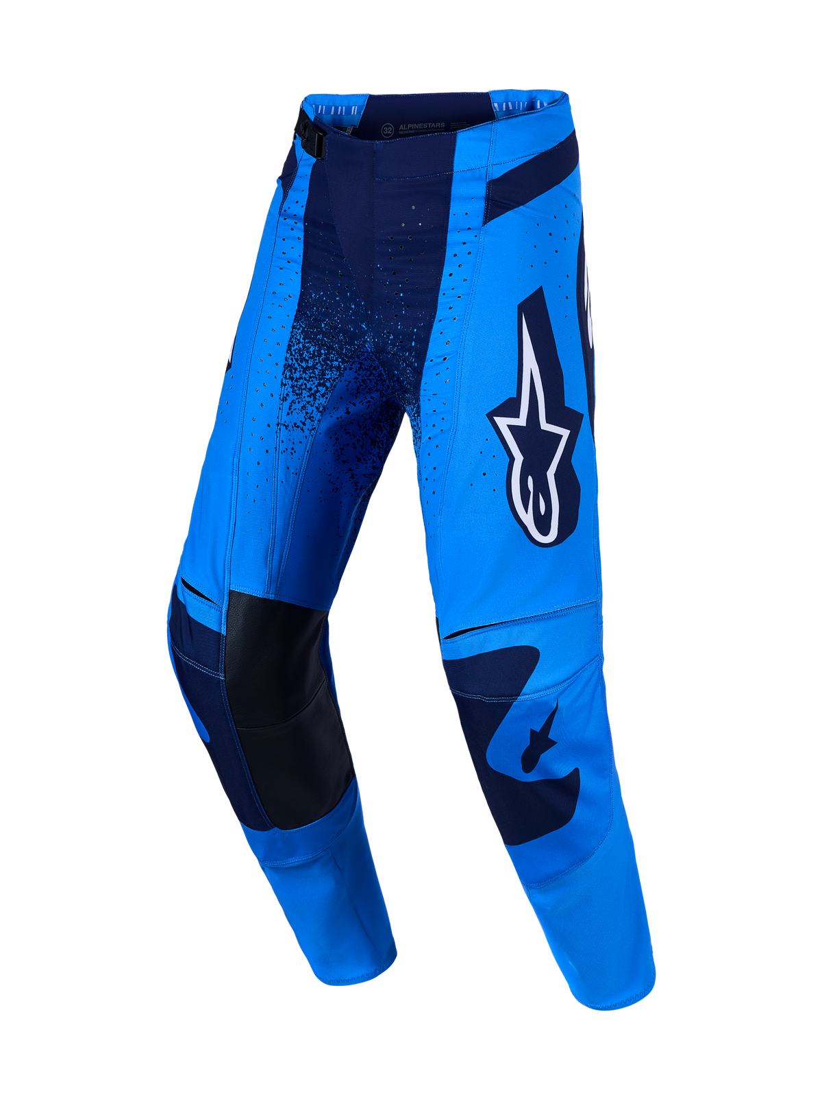 Pantalon Alpinestars Techstar Swan, pantalon de motocross bleu et bleu foncé avec genoux en cuir renforcés