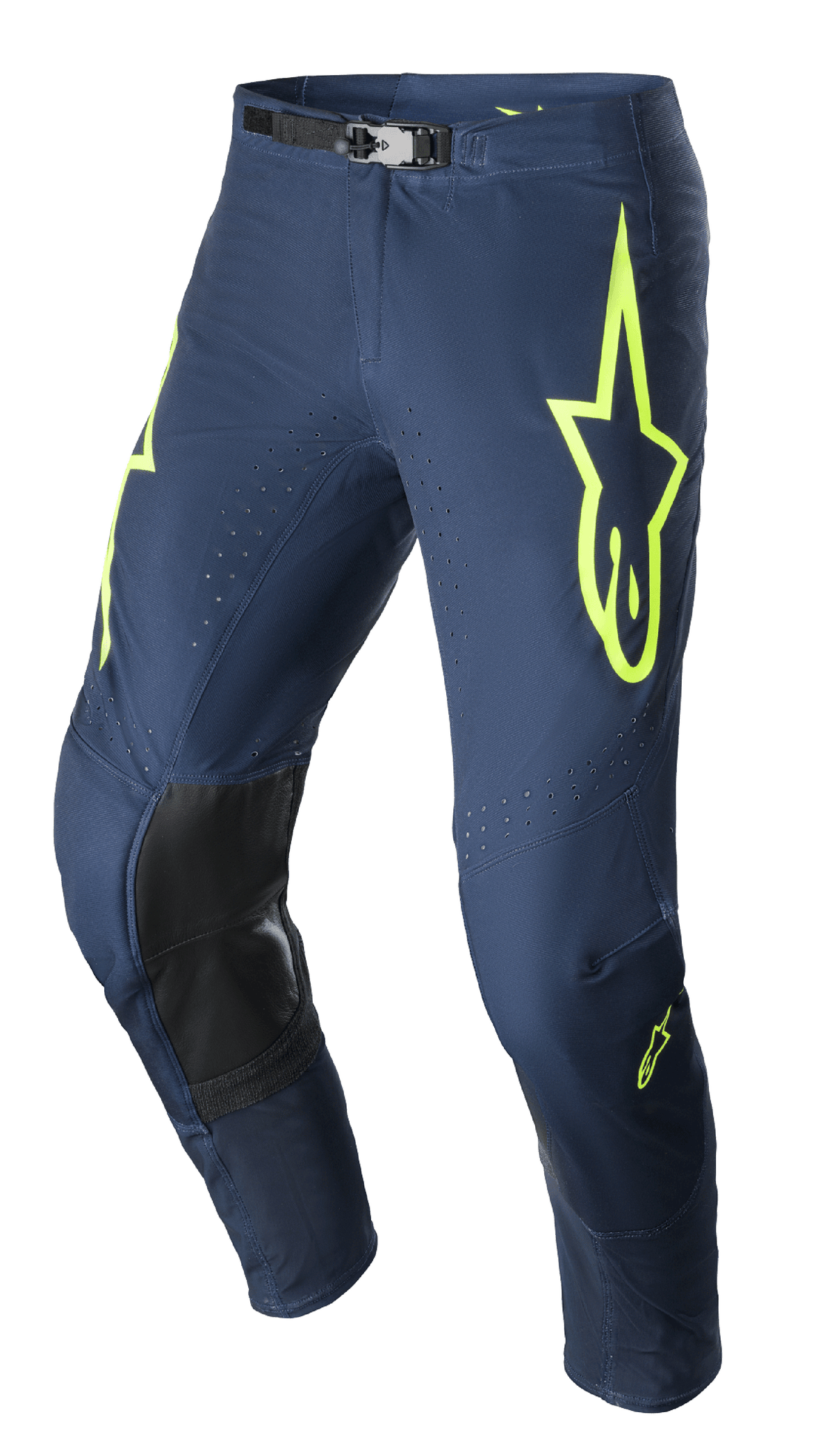 Alpinestars 2023 Supertech Bruin broek, motorcrossbroek, Night Navy en Yellow Fluo, met zwarte versterkte kniepanelen, geperforeerde ventilatie en verstelbare magnetische gesp, duurzaam race-ontwerp