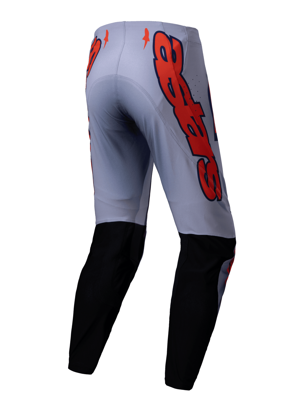 Alpinestars 2025 Supertech Lipan Pants, Motocross Pants, Gray and Orange Fluo, back view featuring black lower leg panels and large orange Alpinestars logo graphics on the hips, athletic fit for off-road racing