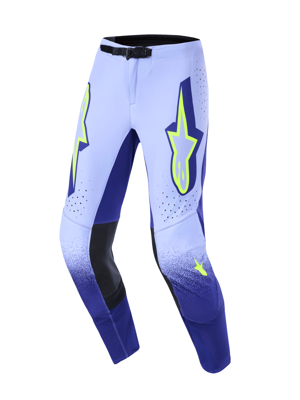 Alpinestars 2026 Supertech Scenz broek, motorcrossbroek, paars en fluogeel, met een lavendel tot marineblauw kleurverloop, neongele Alpinestars sterlogo's op de dijen, zwarte leren kniepanelen aan de binnenzijde en een stevige zwarte gesp in de taille.