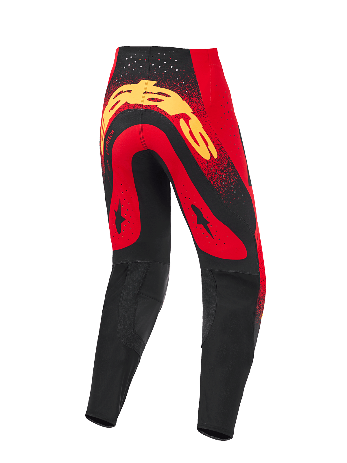 Alpinestars 2026 Supertech Scenz Pants, pantalon de motocross, rouge, noir et jaune, vue arrière présentant un grand logo jaune sur l'assise, des empiècements rouges avec des motifs d'étoiles noires, des perforations découpées au laser à la taille et des panneaux renforcés noirs au bas des jambes.