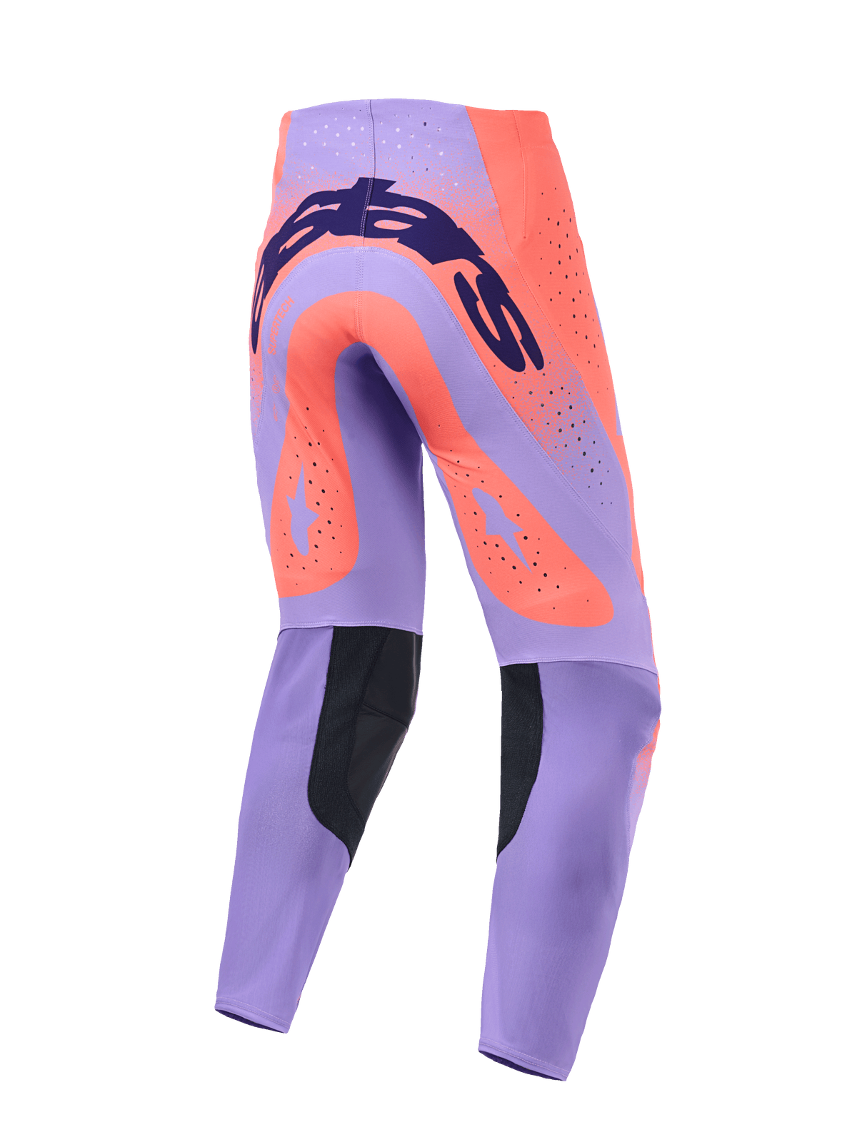 Alpinestars Supertech Scenz Broek 2026, motorcrossbroek, Hot Coral en paars, achteraanzicht met donkerblauwe branding op het zitvlak, grote koraalkleurige ster-accenten op de dijen, zwarte panelen aan de binnenkant van de kuiten en lasergesneden ventilatieopeningen.