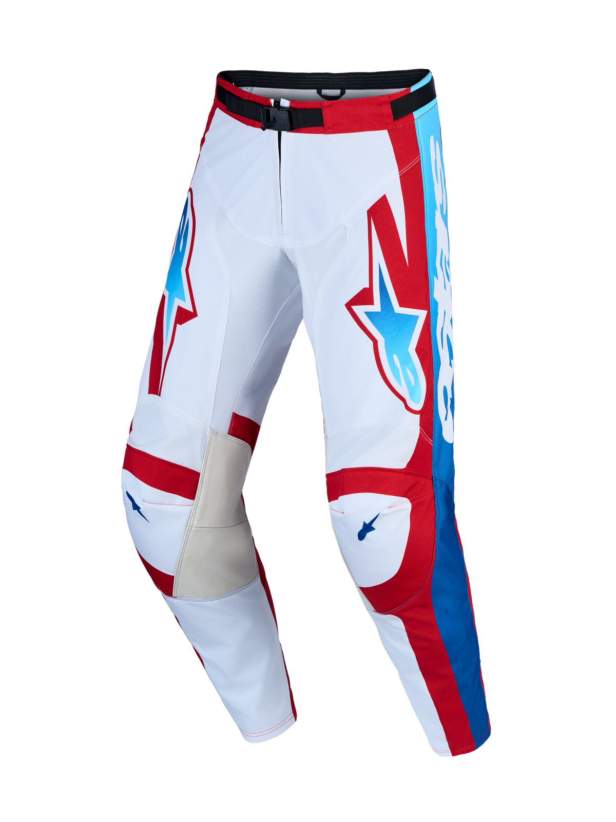 Alpinestars Racer Hunt et Gear Set, pantalons de moto pour homme, blancs et rouges avec accents bleus et genoux en cuir.
