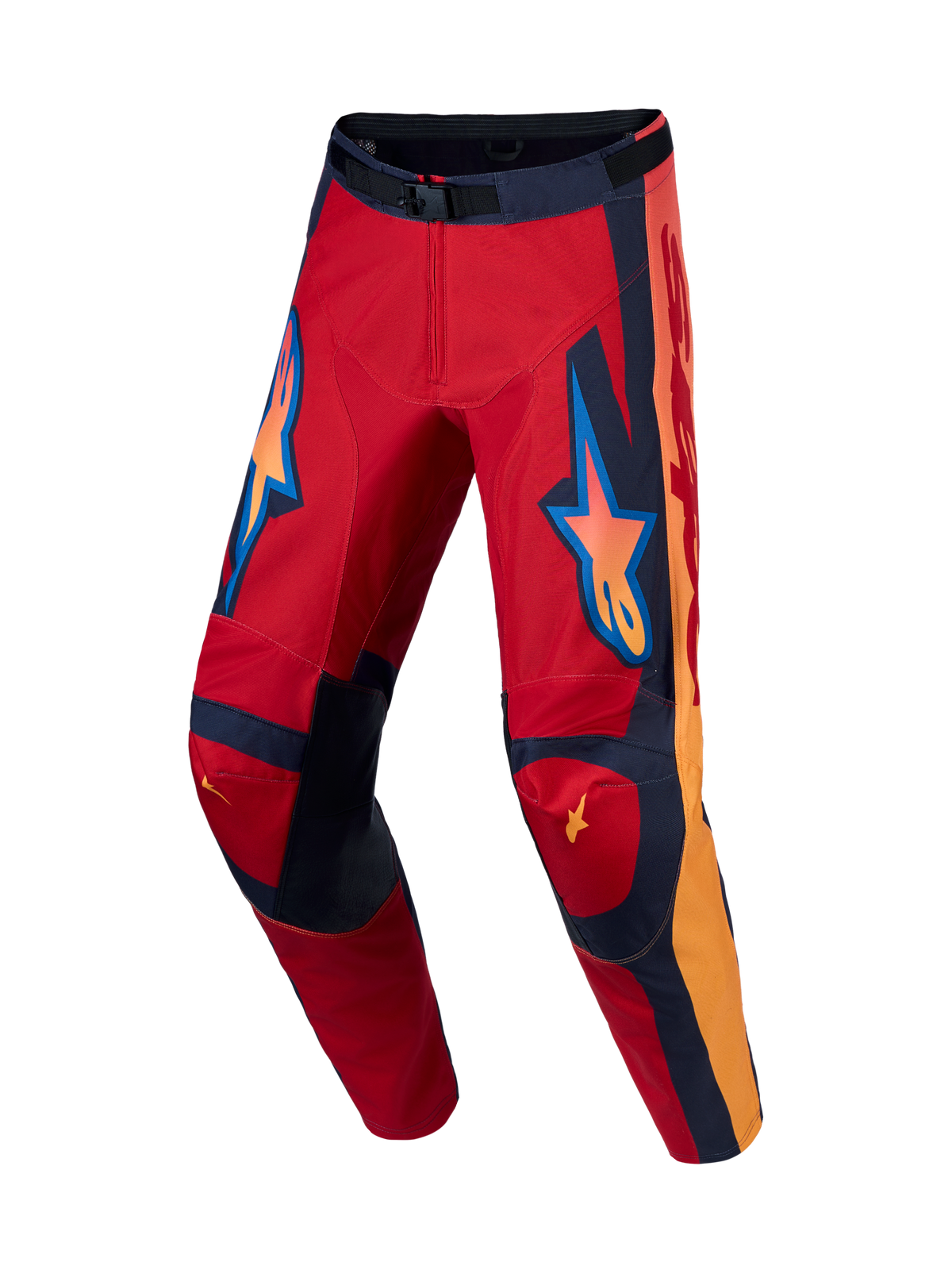 Alpinestars Racer Hunt, pantalon de motocross pour homme, rouge et orange, jambes pré-courbées et construction en polytissu 600D.