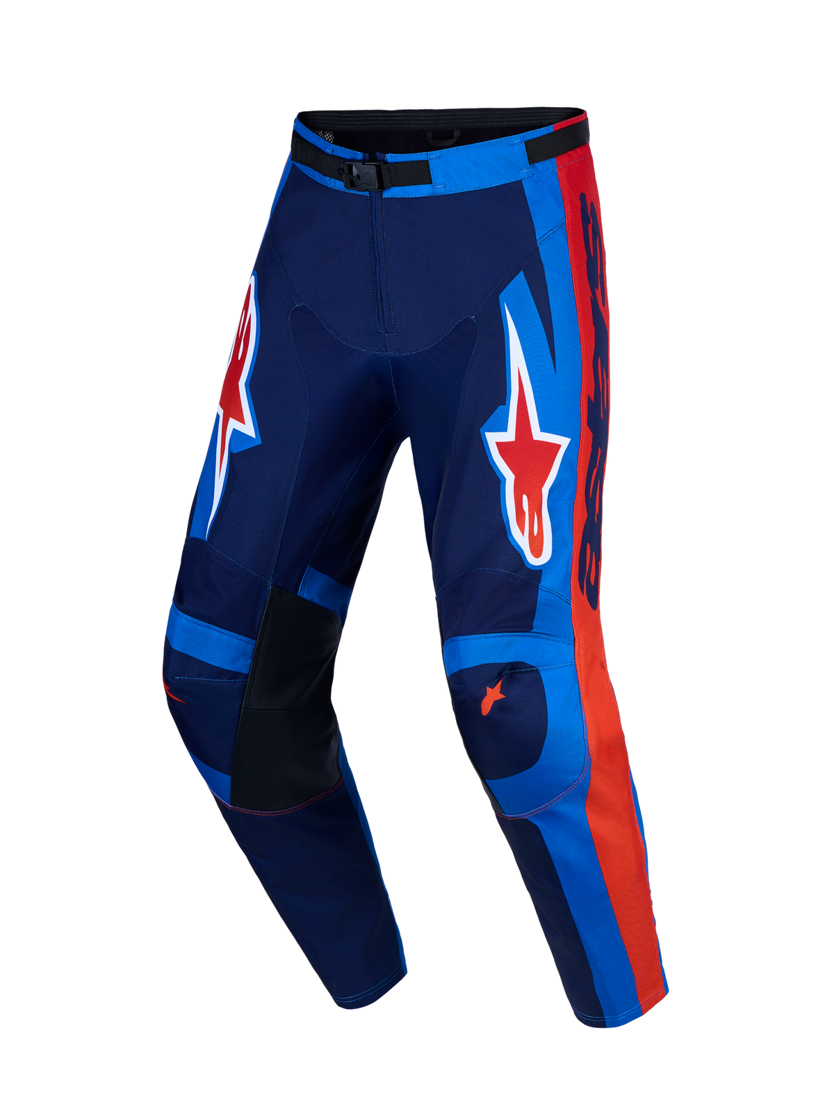 Alpinestars Racer Hunt, pantalon de motocross racing, bleu marine et rouge, coupe ergonomique et graphismes Astars