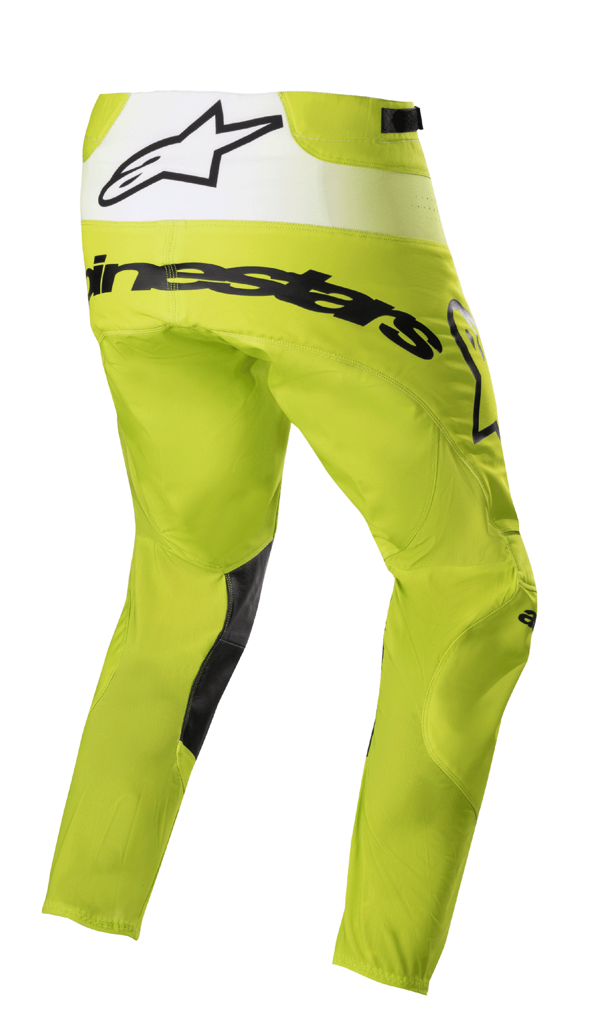 Alpinestars 2023 Techstar Push Pants, pantalon de motocross, jaune fluo et blanc, vue de trois-quarts arrière présentant un marquage noir et un panneau arrière blanc avec logo étoile, empiècements noirs à l'intérieur des jambes, équipement de course tout-terrain durable