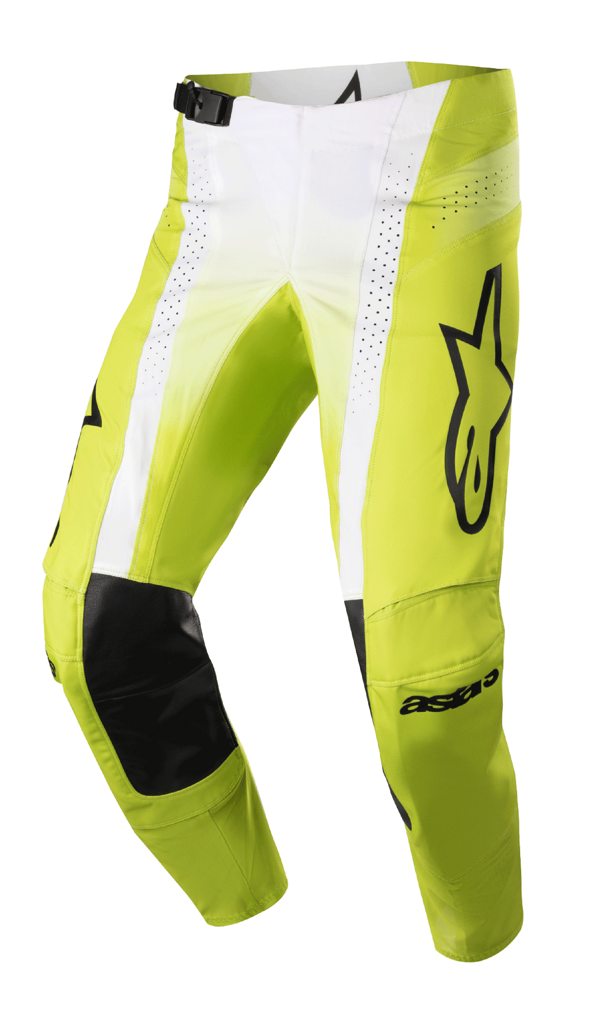 Alpinestars Techstar Push Pants 2023, pantalon de motocross, jaune fluo et blanc avec accents noirs, renforts intérieurs aux genoux en cuir noir, panneaux de ventilation perforés, grand logo noir sur la cuisse, boucle de taille réglable, équipement tout-terrain haute performance