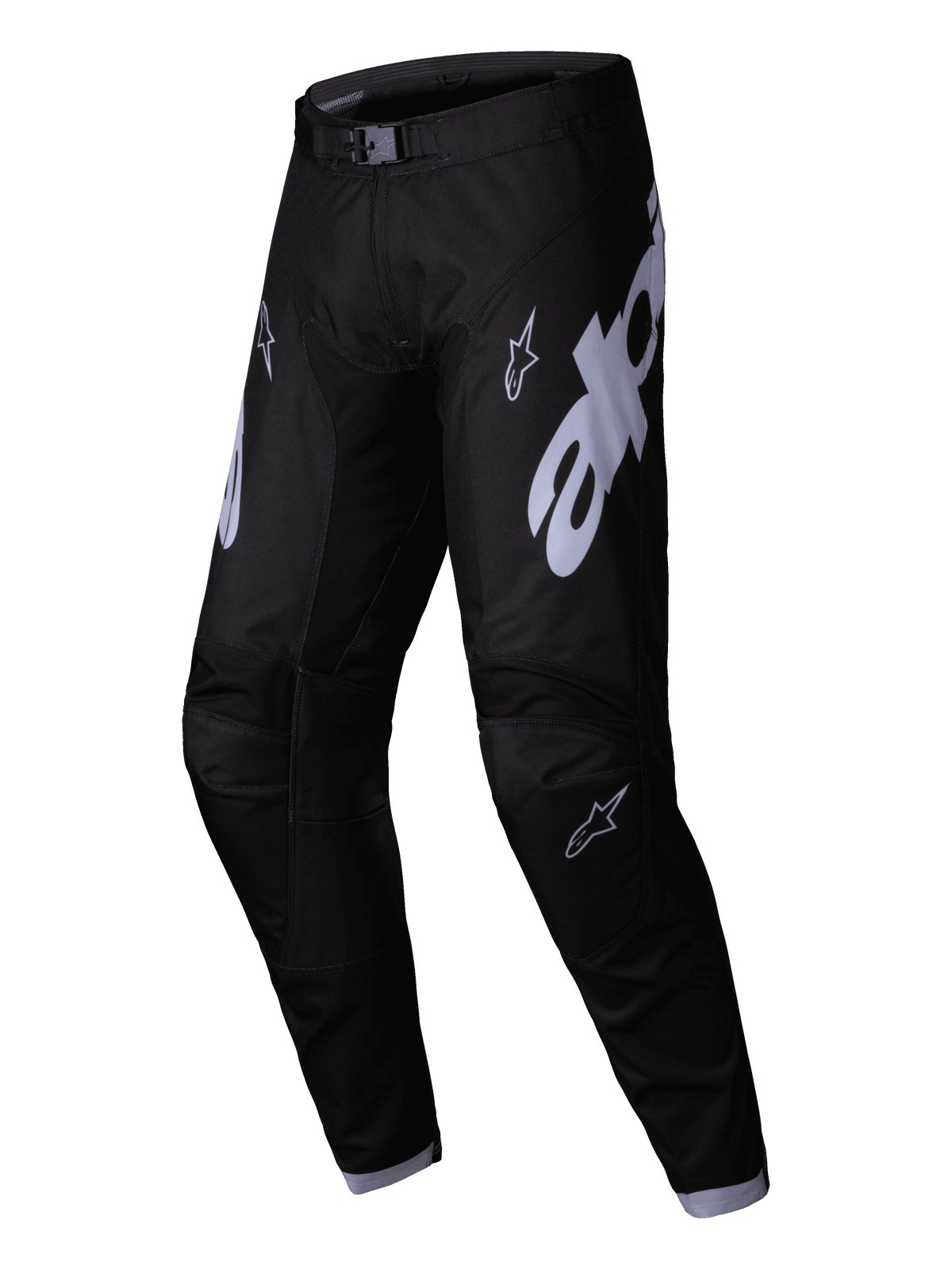 Alpinestars 2025 Racer Graphite Hose, Motocross-Hose, Schwarz und Grau, mit großen grauen Alpinestars-Logos auf den Oberschenkeln, vorgeformtem Beindesign und einer Magnetschnalle am Bund für Performance im Offroad-Rennsport