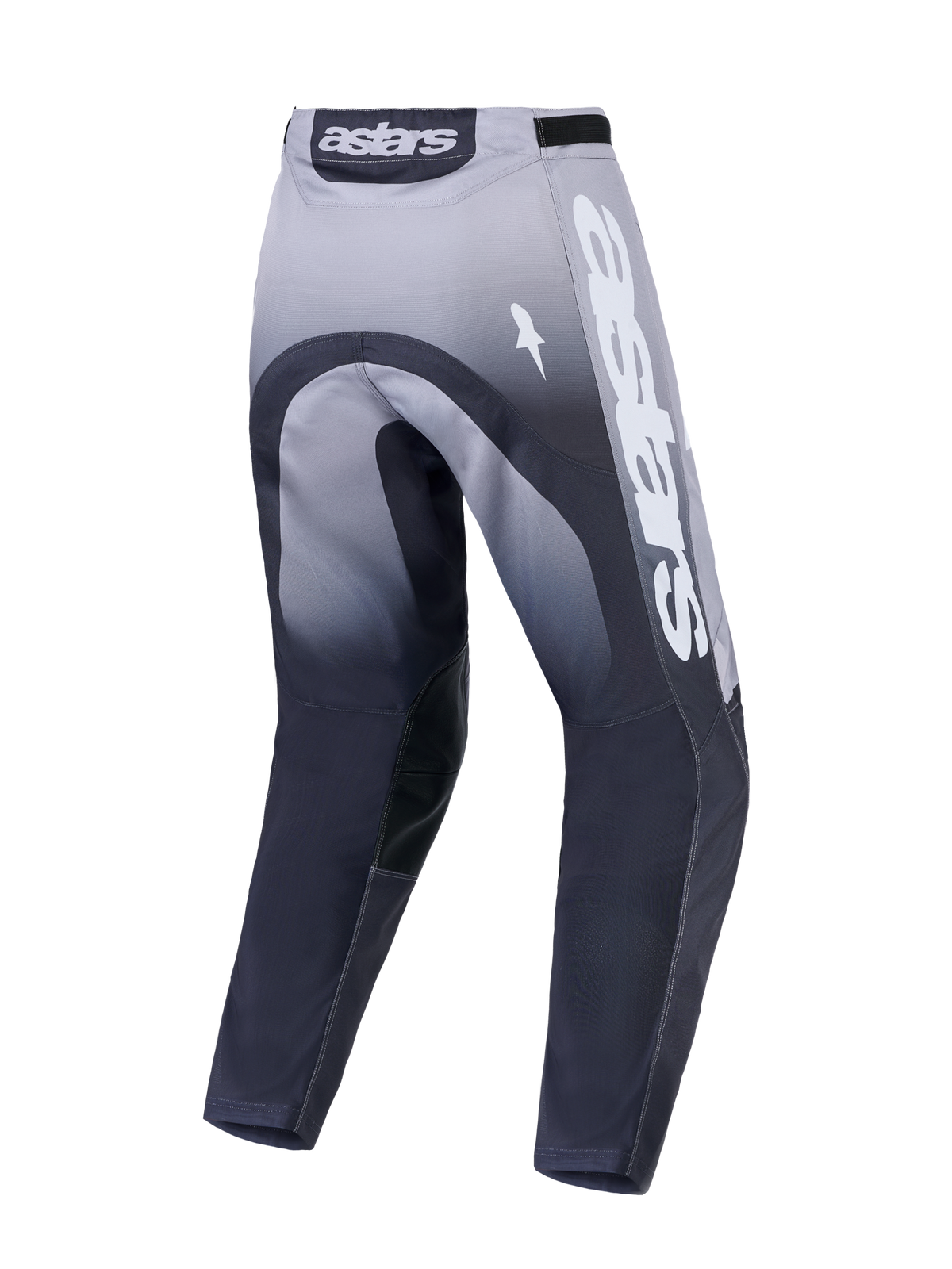 Alpinestars Racer Amber motocrossbroek, grijs en wit achteraanzicht, duurzame constructie met opvallende Astars-branding.