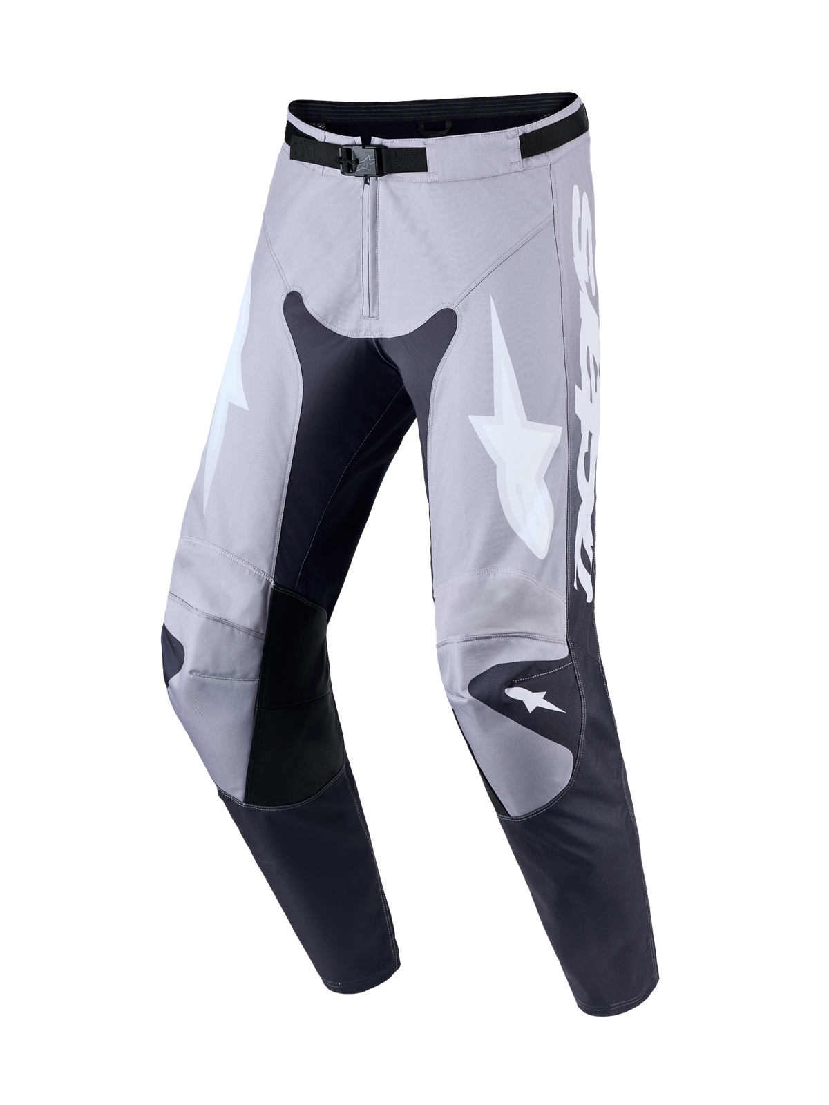 Alpinestars Racer Amber heren motorcrossbroek, grijs en lichtpaars, 600D polyweefsel met lederen kniepanelen.