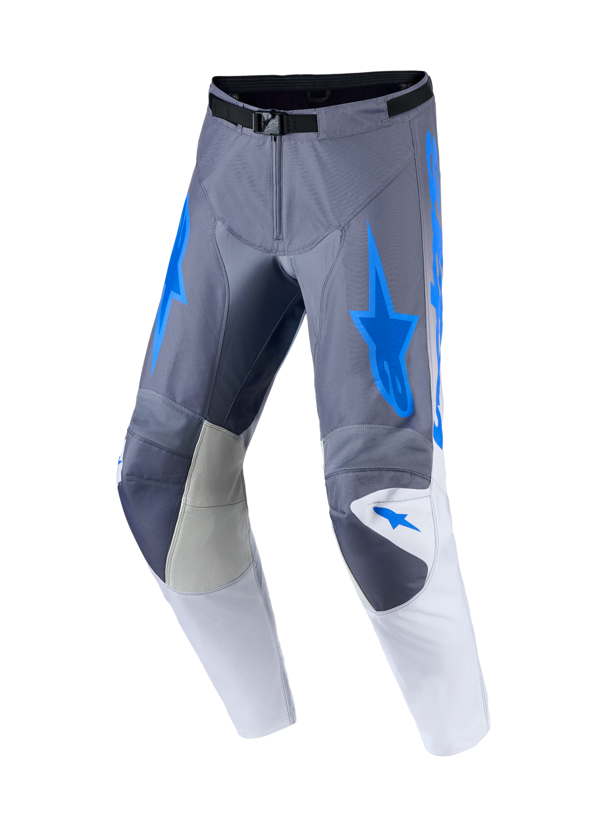 Alpinestars Pantalon Racer Amber, pantalon de motocross gris et bleu UCLA, panneaux aux genoux en cuir, coupe pré-courbée