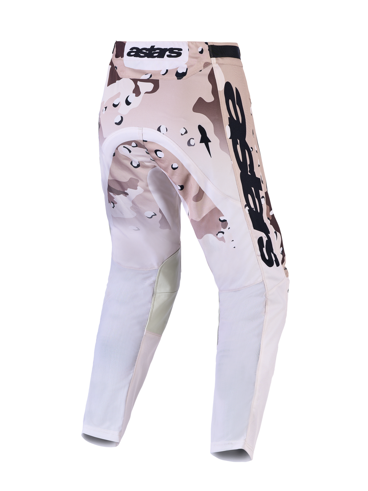 Alpinestars Racer Lone heren-motocrossbroek in zandcamouflage, voorgevormde pijpen, beige en bruin, achteraanzicht.